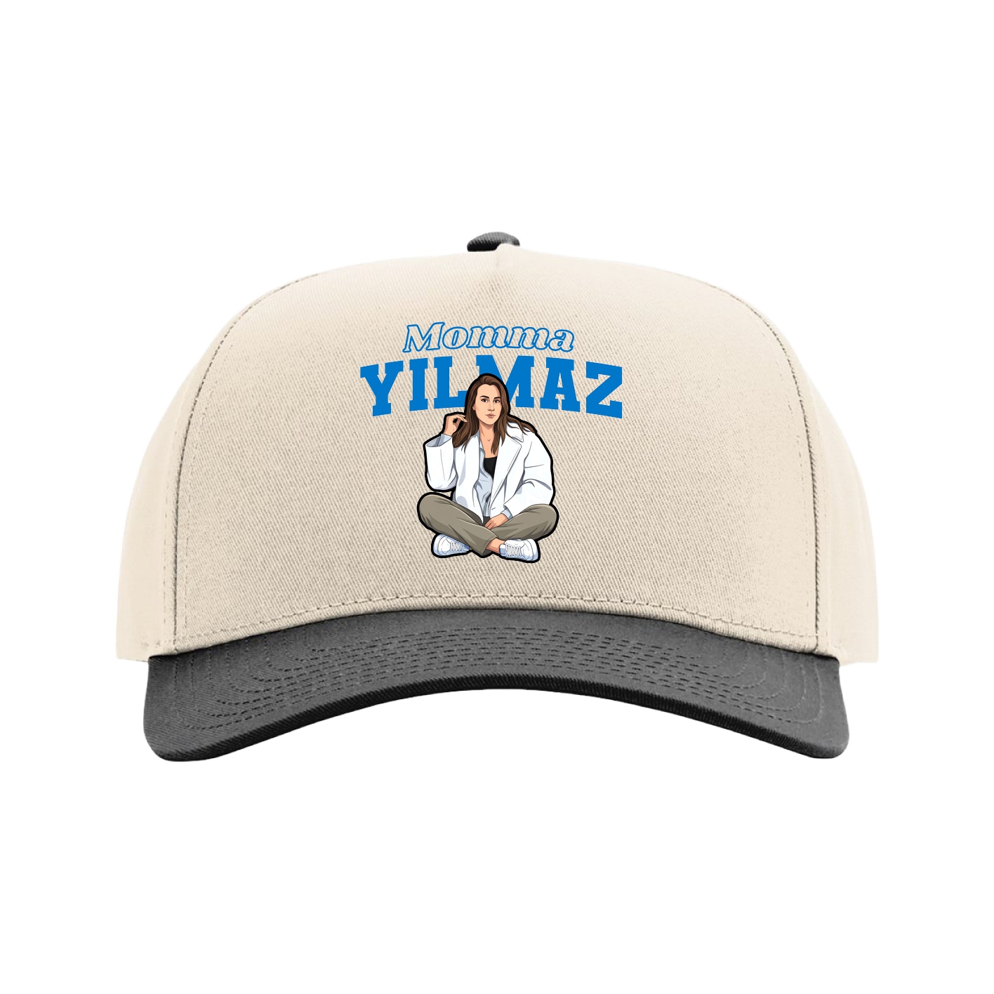 Full Fabric Five-Panel Champ Cap — Mothers Day Block in Cream/Black
