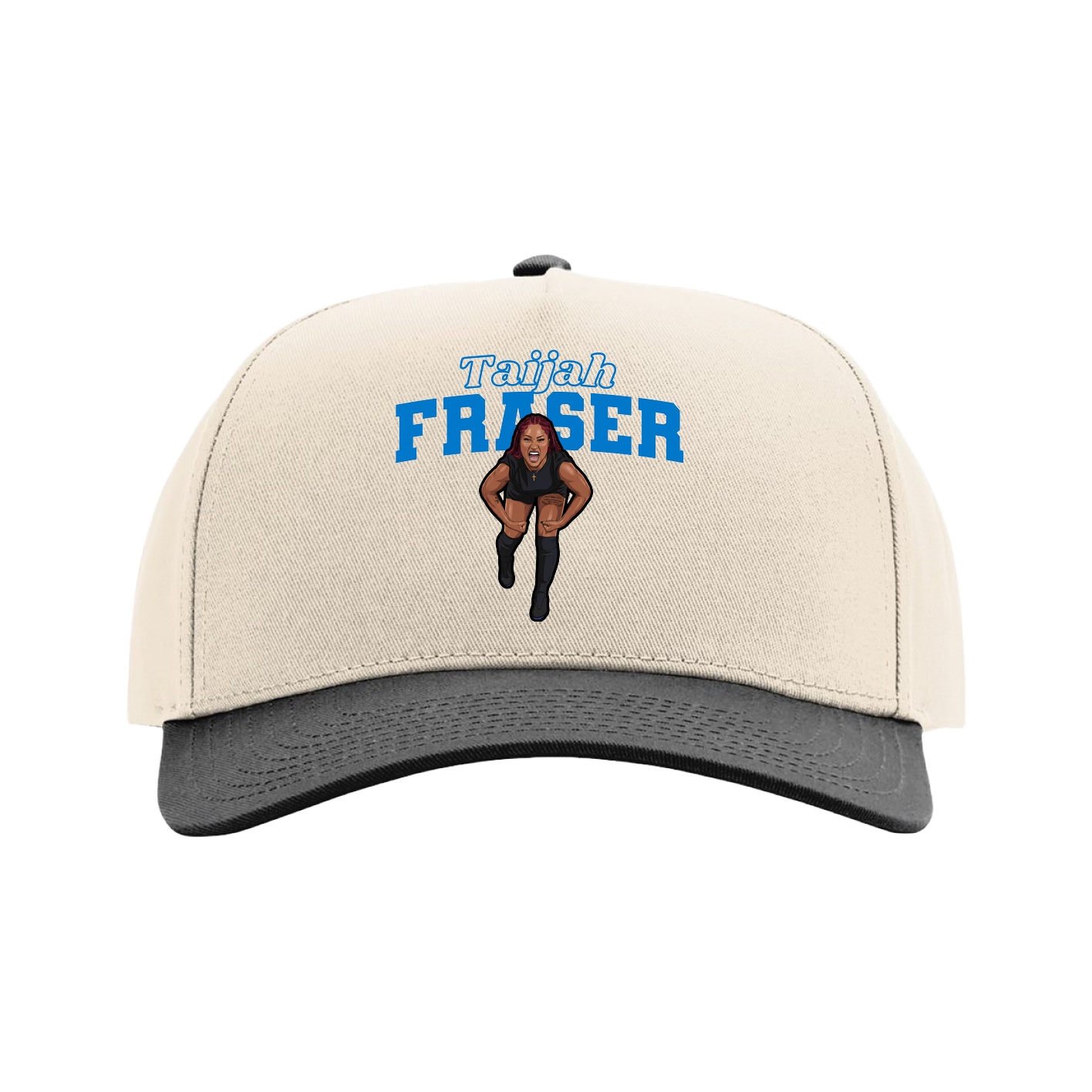 Full Fabric Five-Panel Champ Cap — Name Arch in Cream/Black