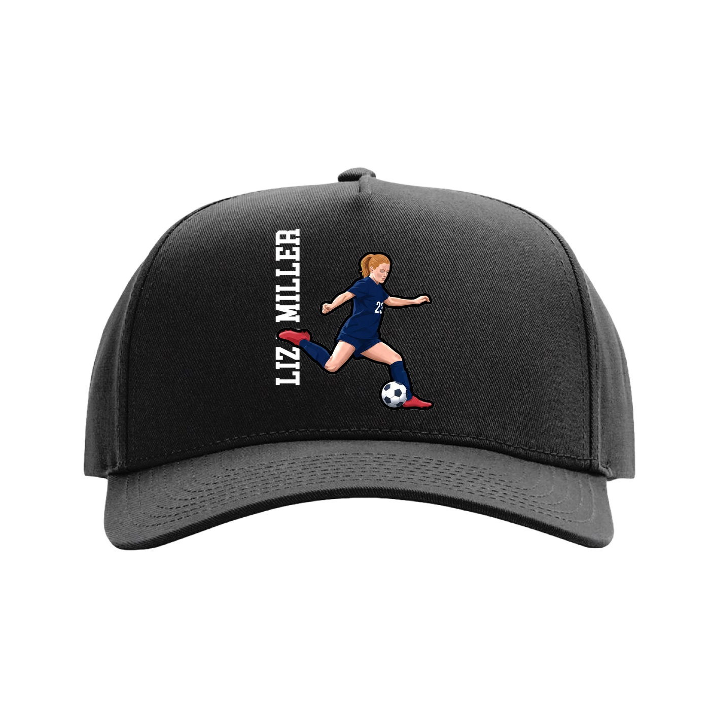 Full Fabric Five-Panel Champ Cap — Name Vertical in Black