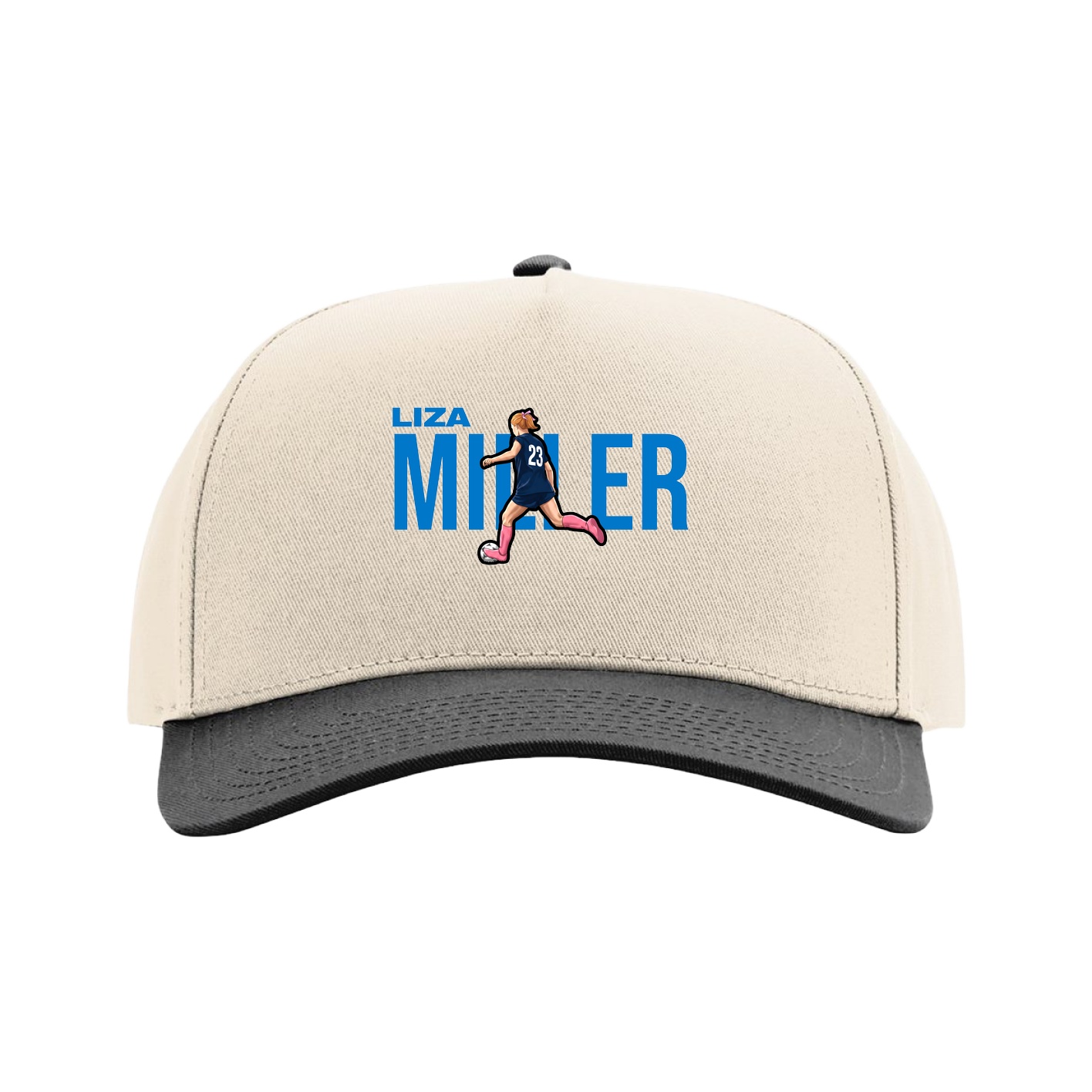 Full Fabric Five-Panel Champ Cap — Player Name in Cream/Black