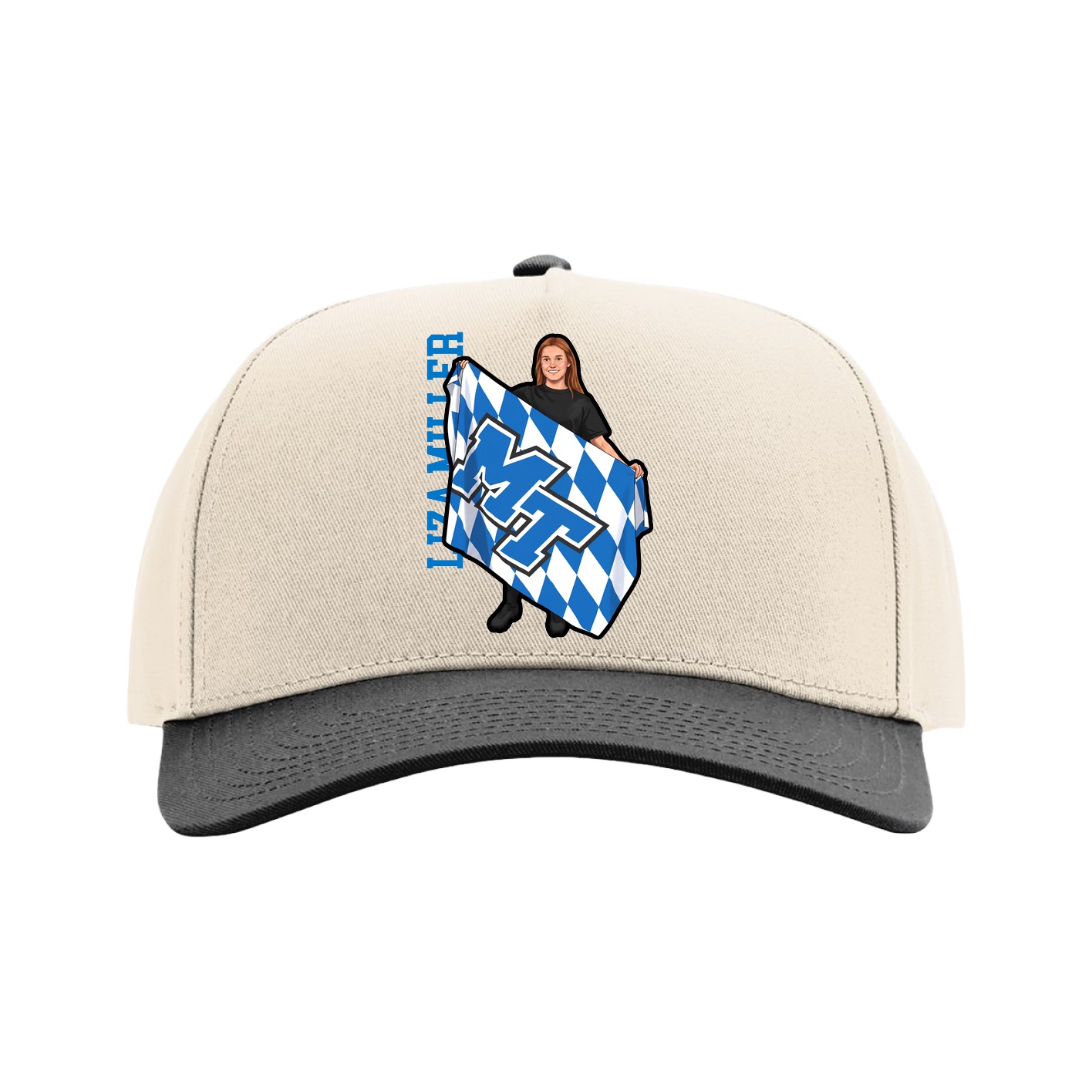 Full Fabric Five-Panel Champ Cap — Name Vertical in Cream/Black