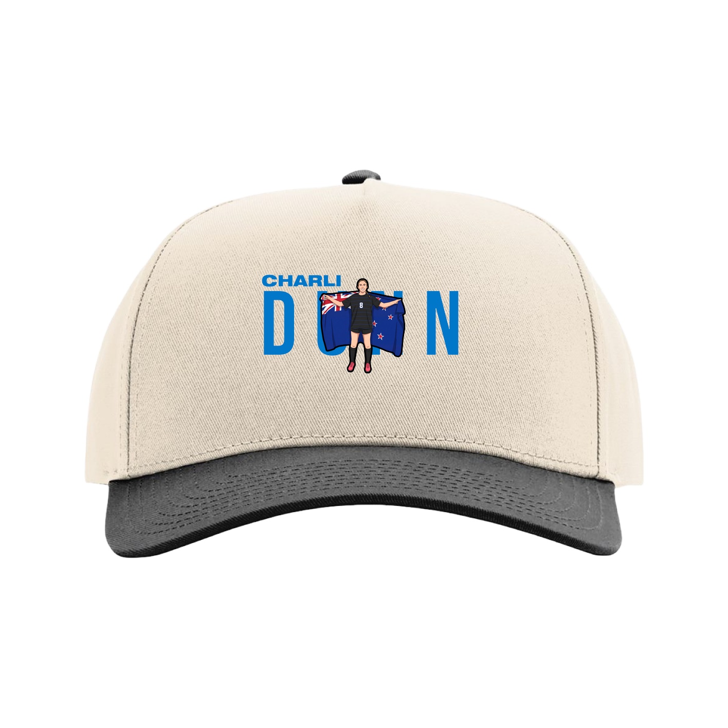 Full Fabric Five-Panel Champ Cap — Player Name in Cream/Black