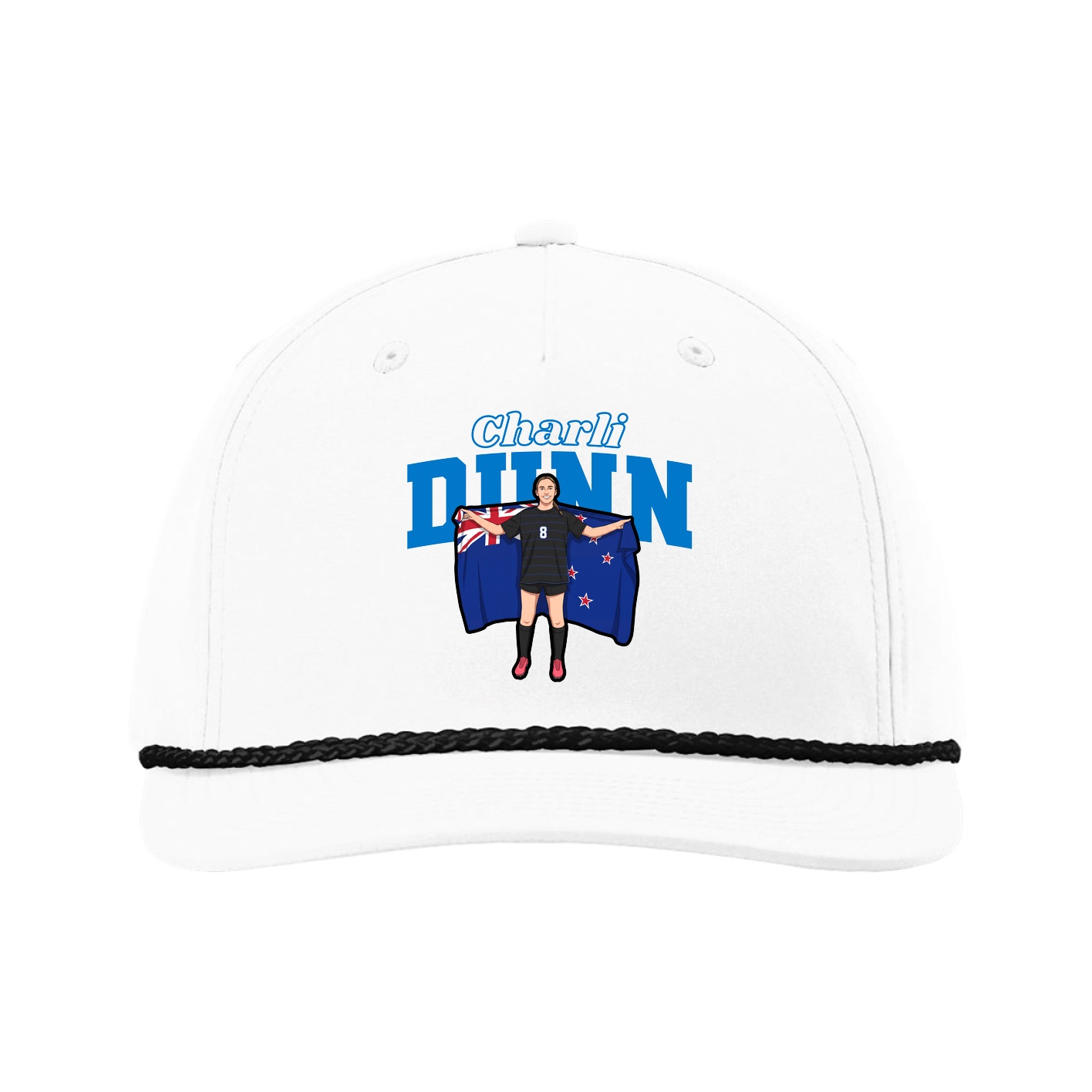 Five-Panel Classic Rope Cap — Name Arch in White