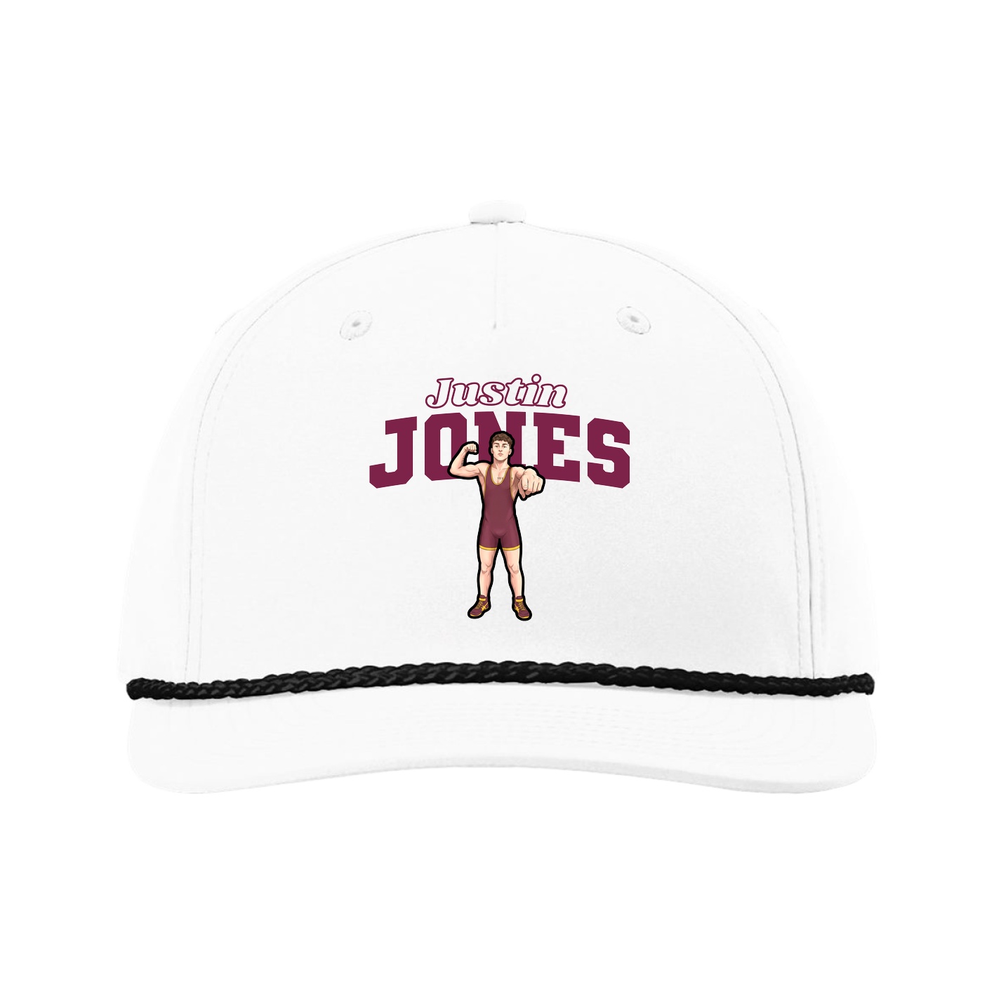 Five-Panel Classic Rope Cap — Name Arch in White