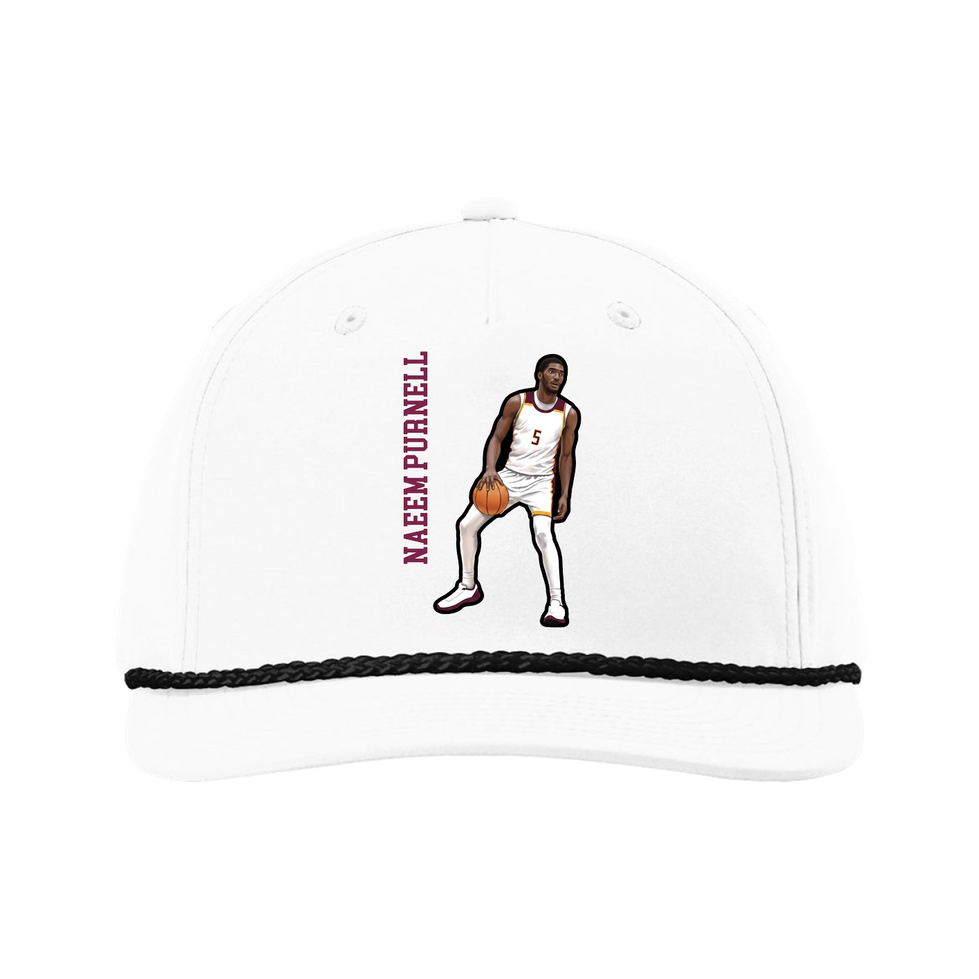 Five-Panel Classic Rope Cap — Name Vertical in White