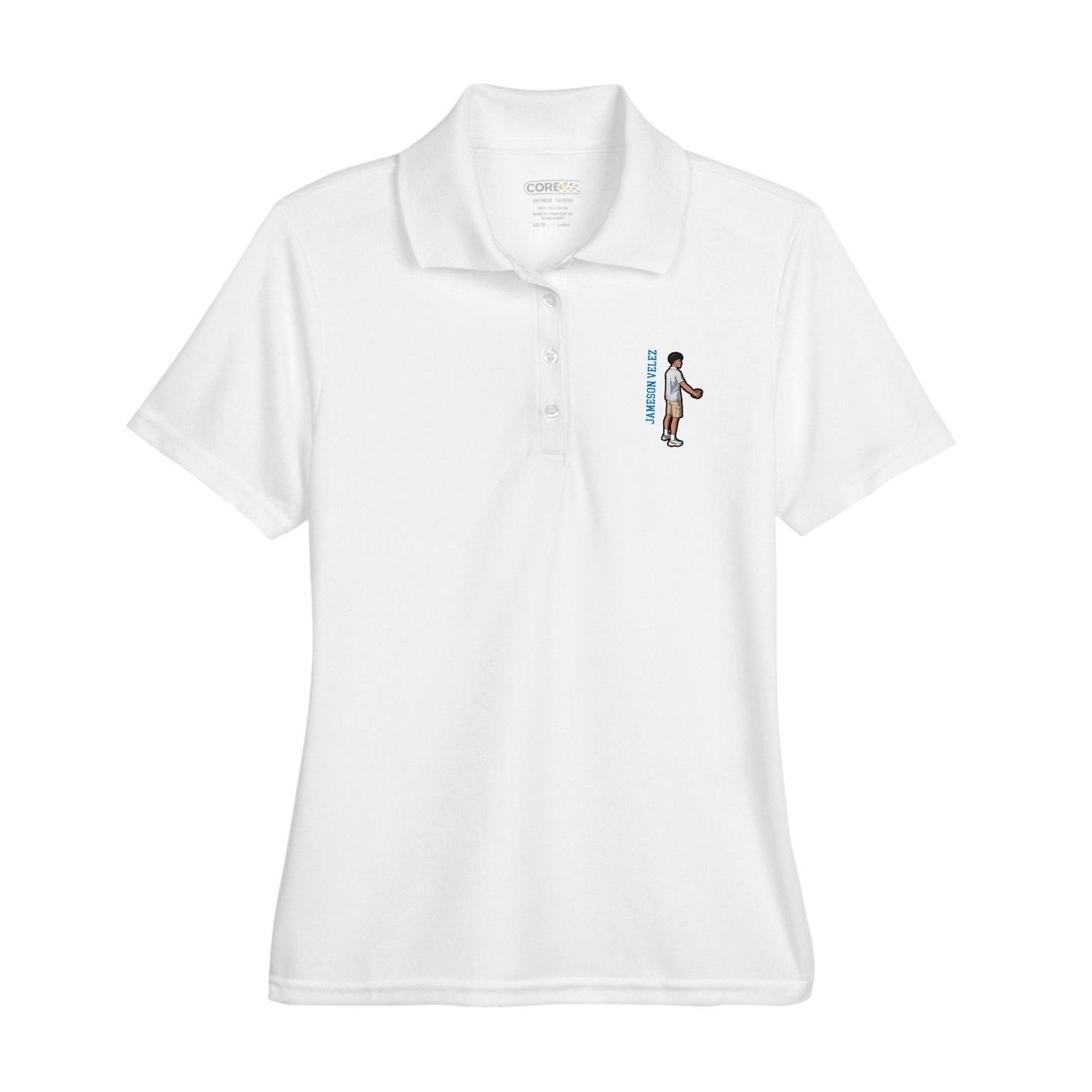 Womens Performance Polo — Name Vertical in White