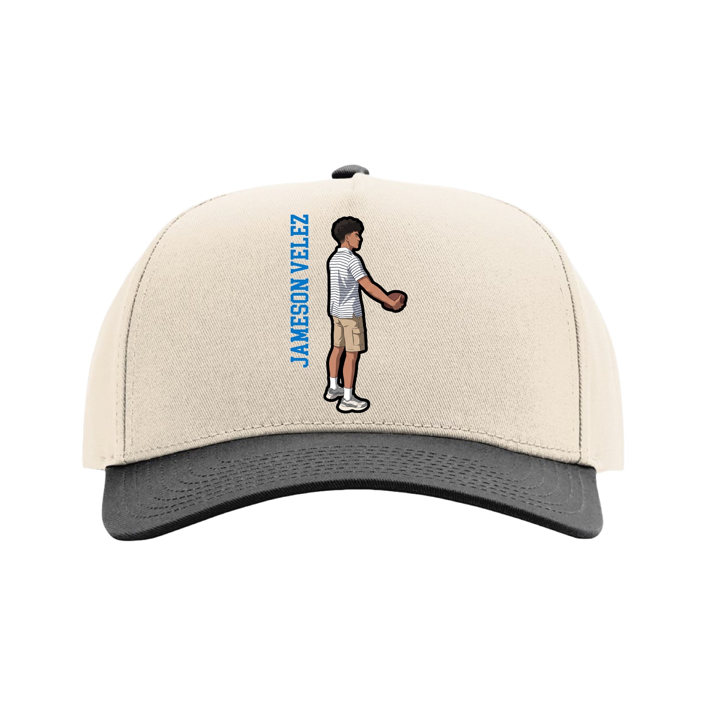 Full Fabric Five-Panel Champ Cap — Name Vertical in Cream/Black