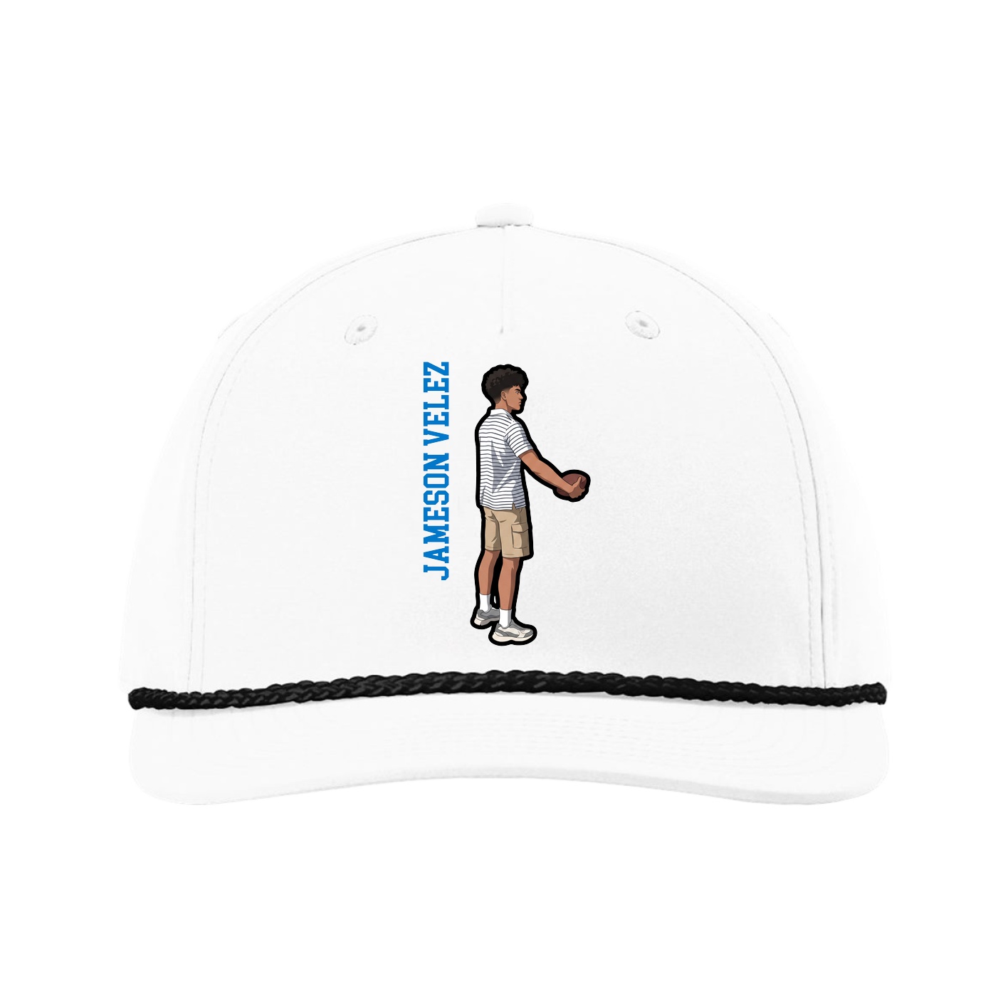 Five-Panel Classic Rope Cap — Name Vertical in White