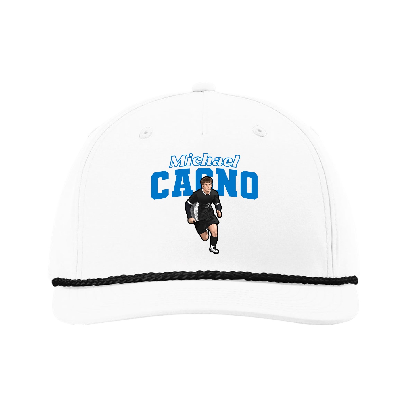 Five-Panel Classic Rope Cap — Name Arch in White