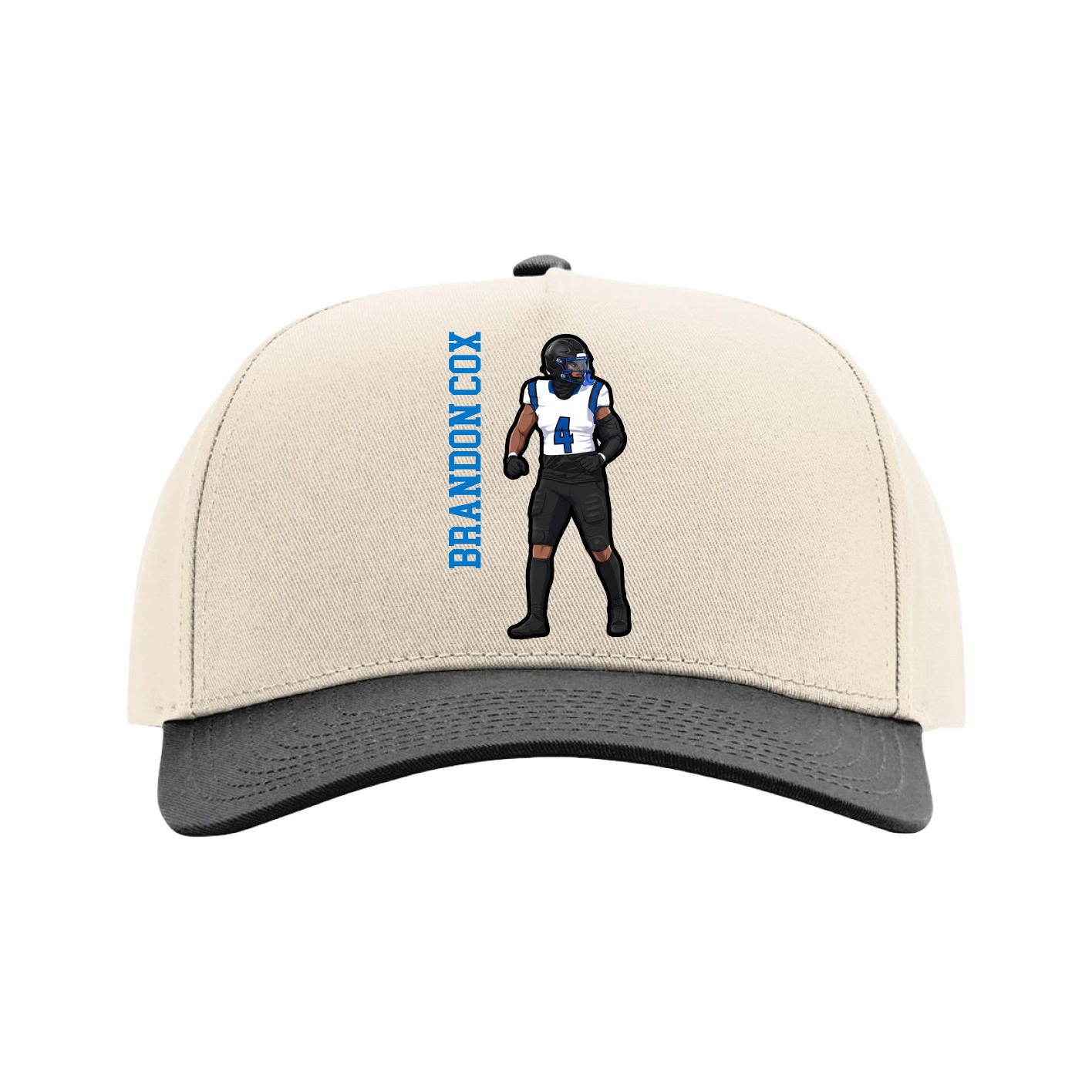 Full Fabric Five-Panel Champ Cap — Name Vertical in Cream/Black