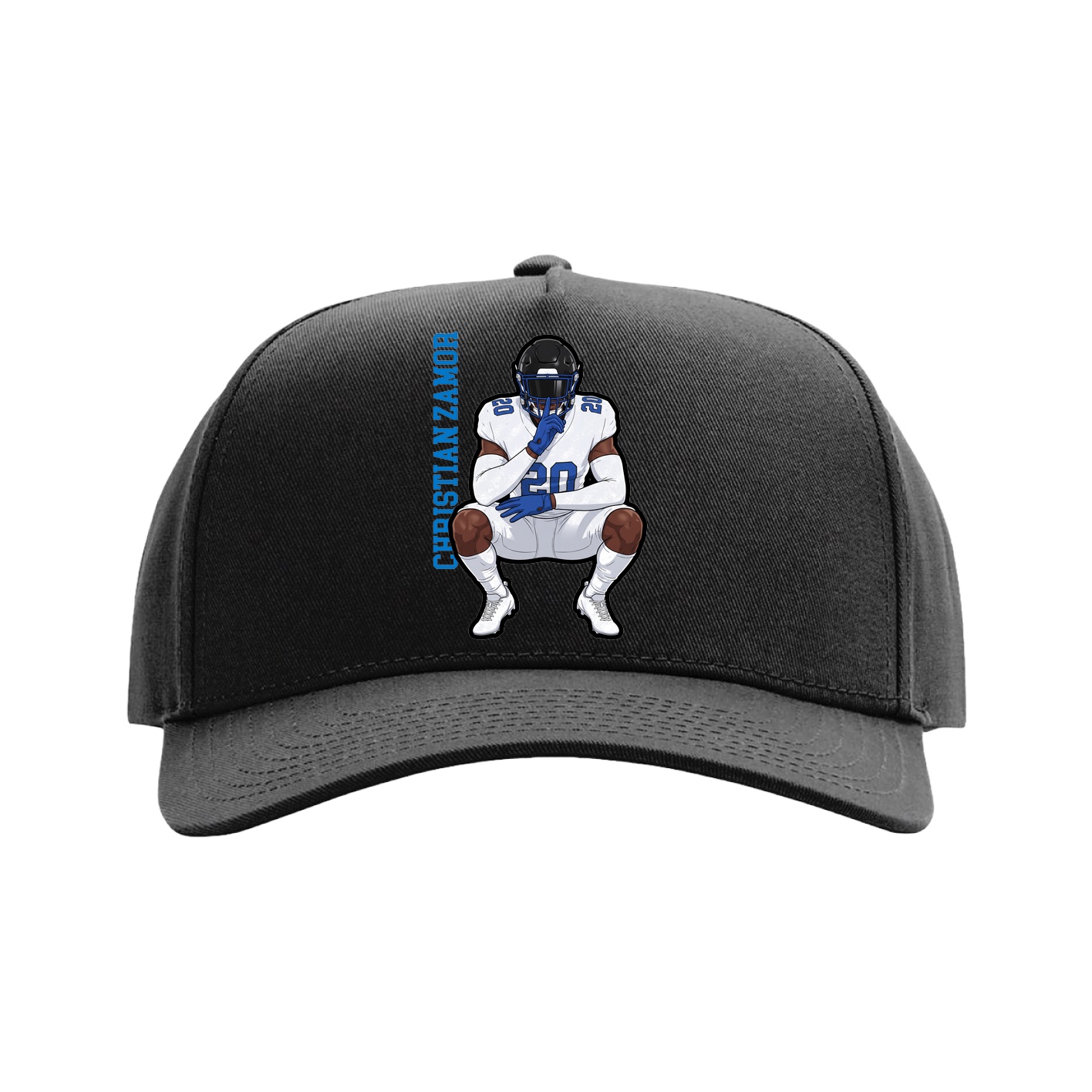 Full Fabric Five-Panel Champ Cap — Name Vertical in Black