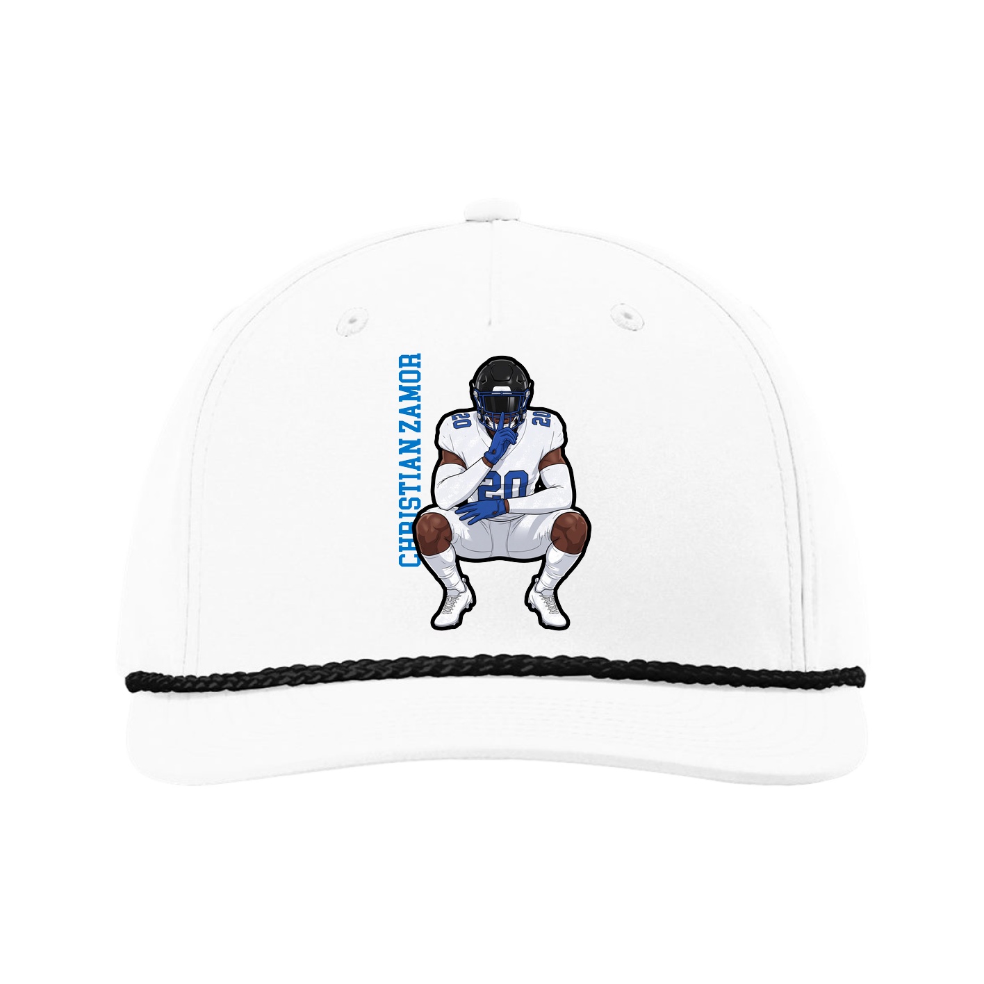 Five-Panel Classic Rope Cap — Name Vertical in White