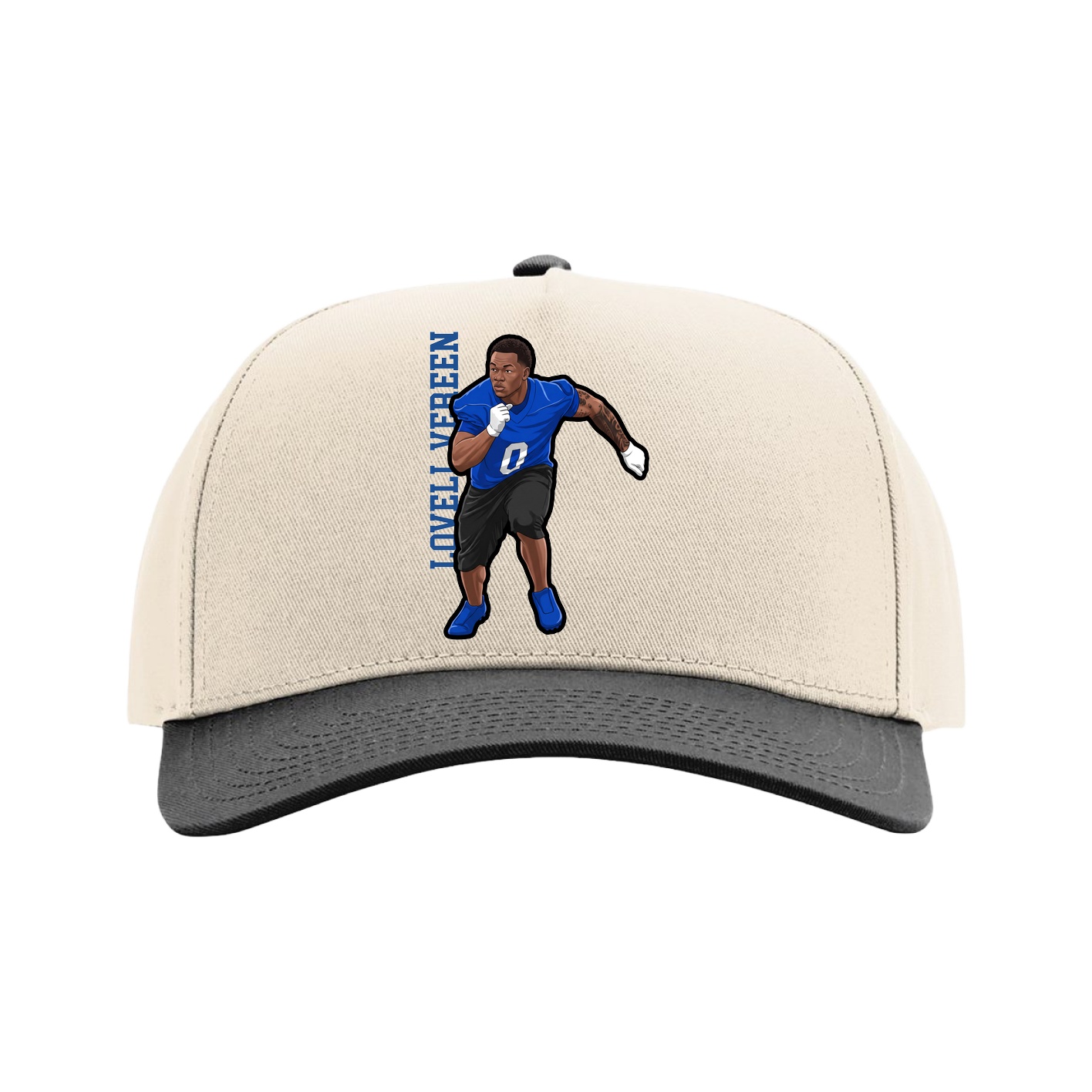Full Fabric Five-Panel Champ Cap — Name Vertical in Cream/Black
