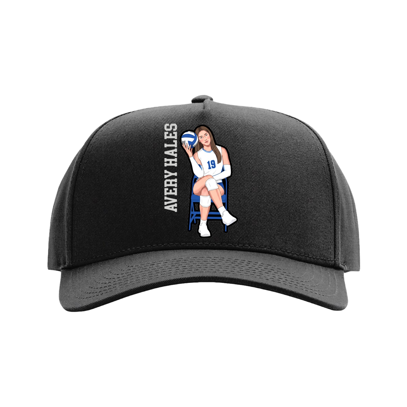 Full Fabric Five-Panel Champ Cap — Name Vertical in Black