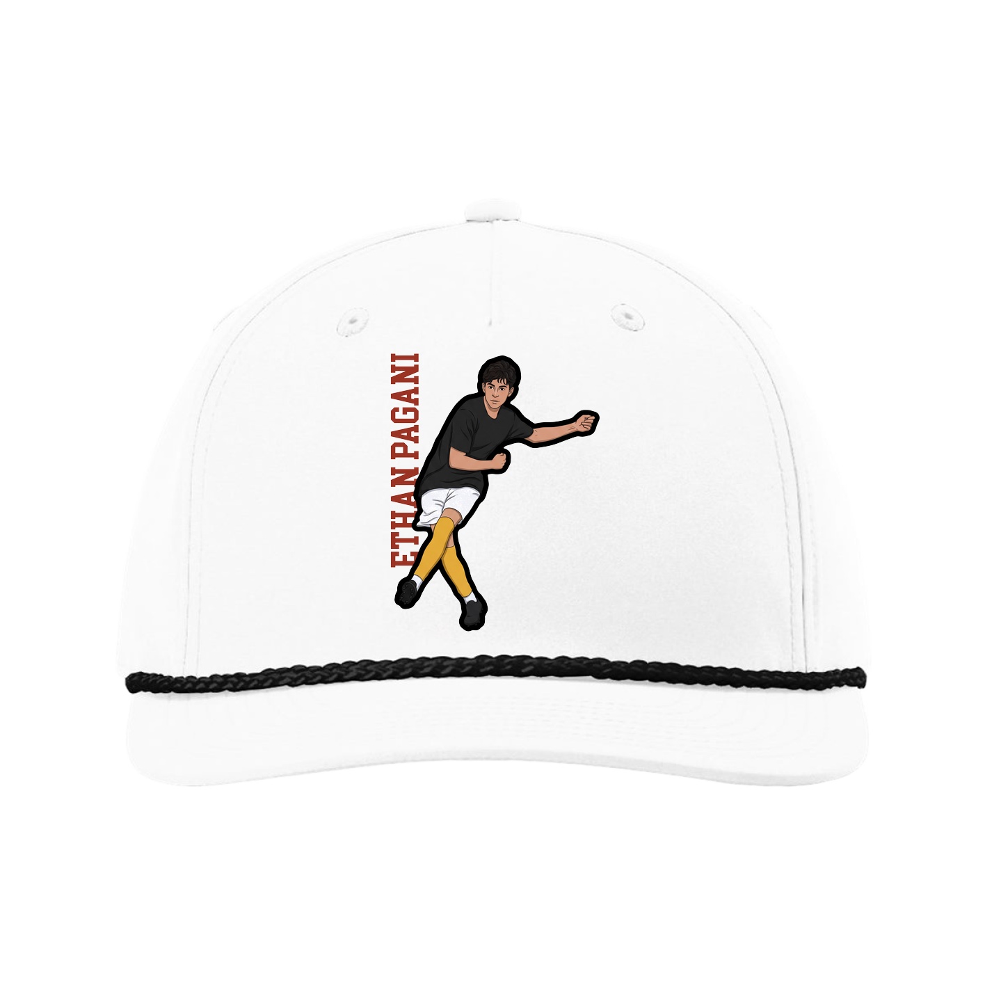 Five-Panel Classic Rope Cap — Name Vertical in White