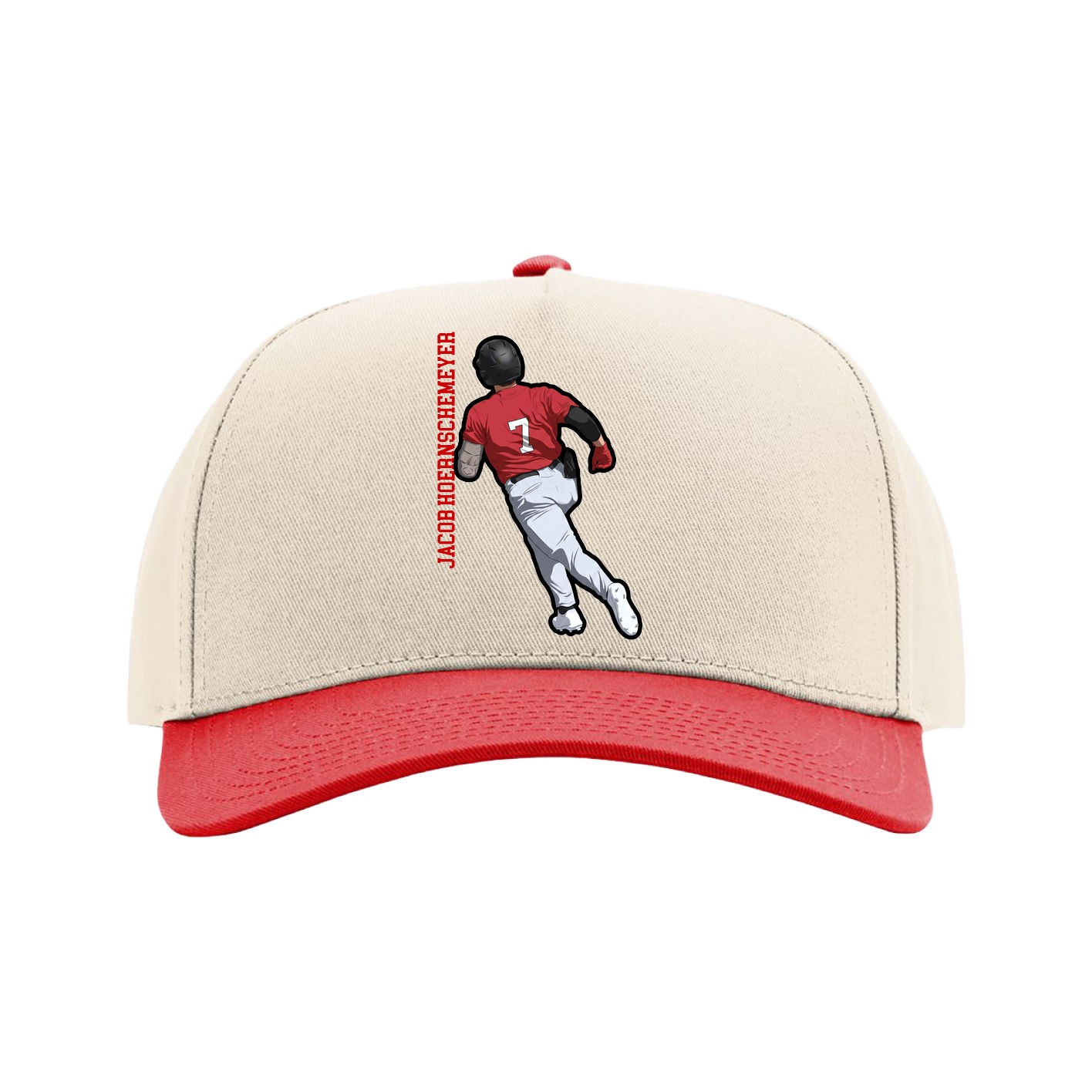 Full Fabric Five-Panel Champ Cap — Name Vertical in Cream/Red