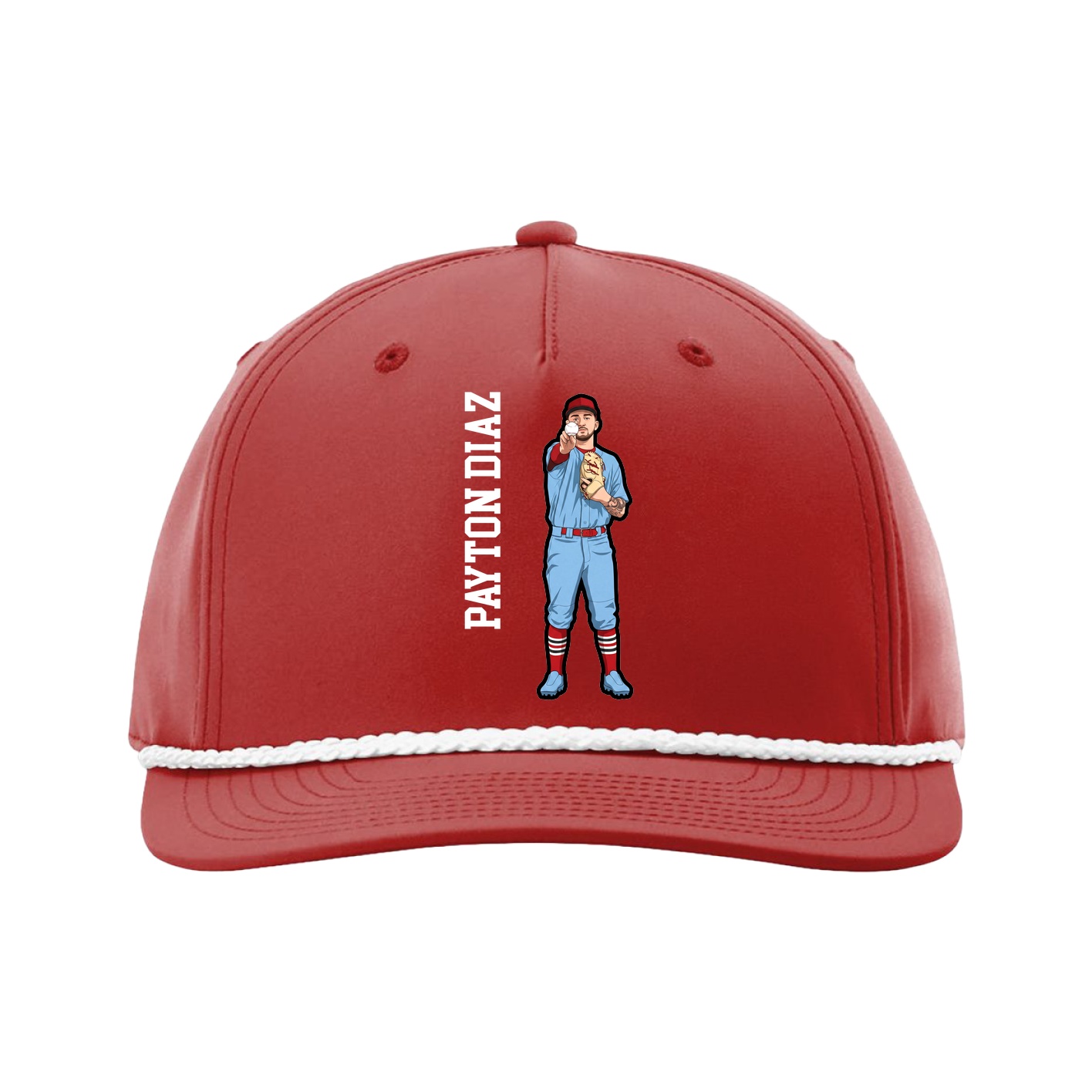 Five-Panel Classic Rope Cap — Name Vertical in Red
