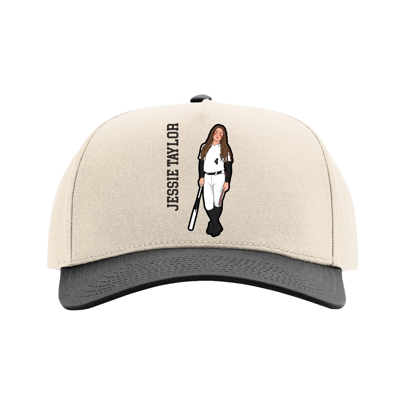 Full Fabric Five-Panel Champ Cap — Name Vertical in Cream/Black