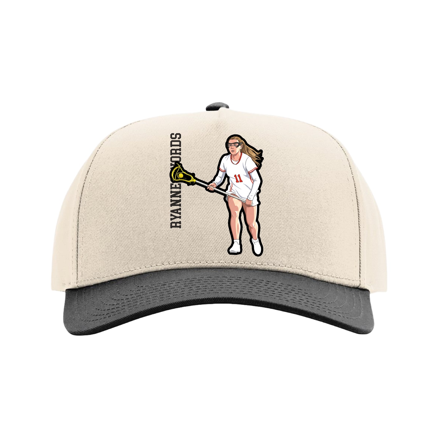 Full Fabric Five-Panel Champ Cap — Name Vertical in Cream/Black