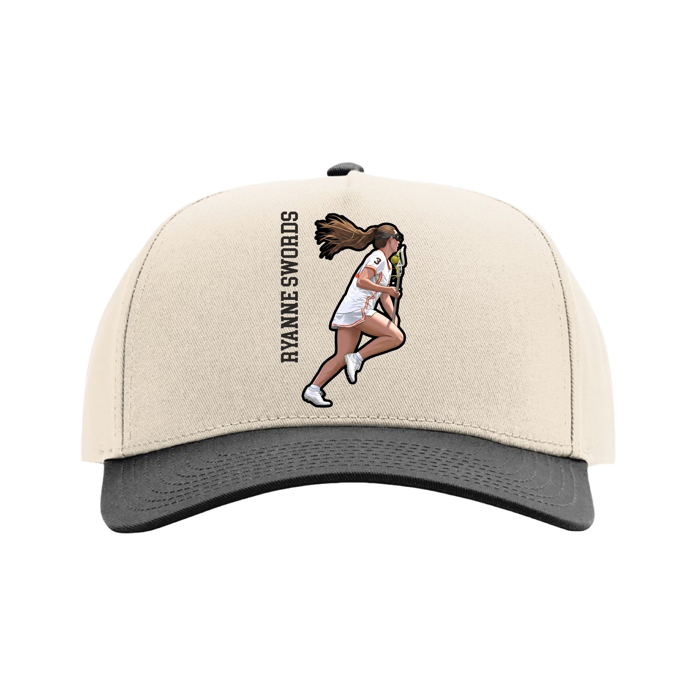 Full Fabric Five-Panel Champ Cap — Name Vertical in Cream/Black