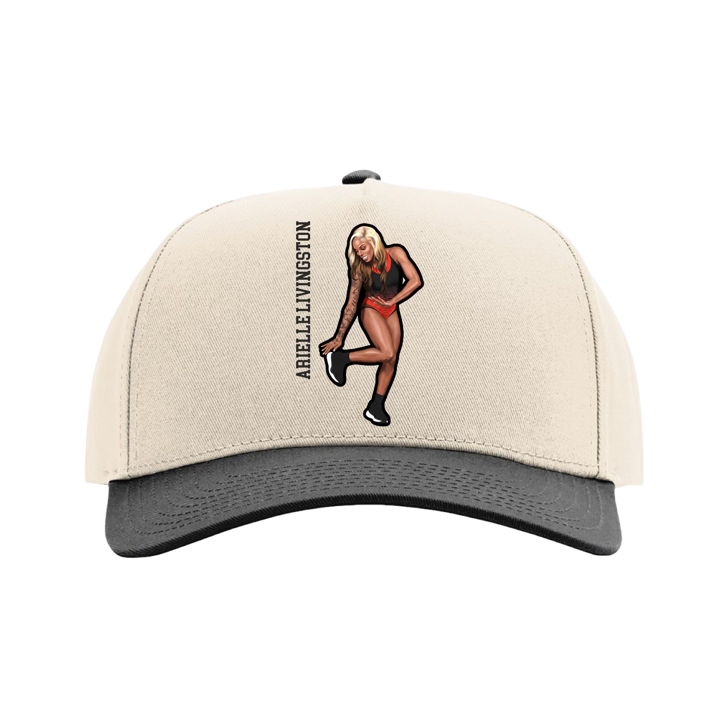 Full Fabric Five-Panel Champ Cap — Name Vertical in Cream/Black