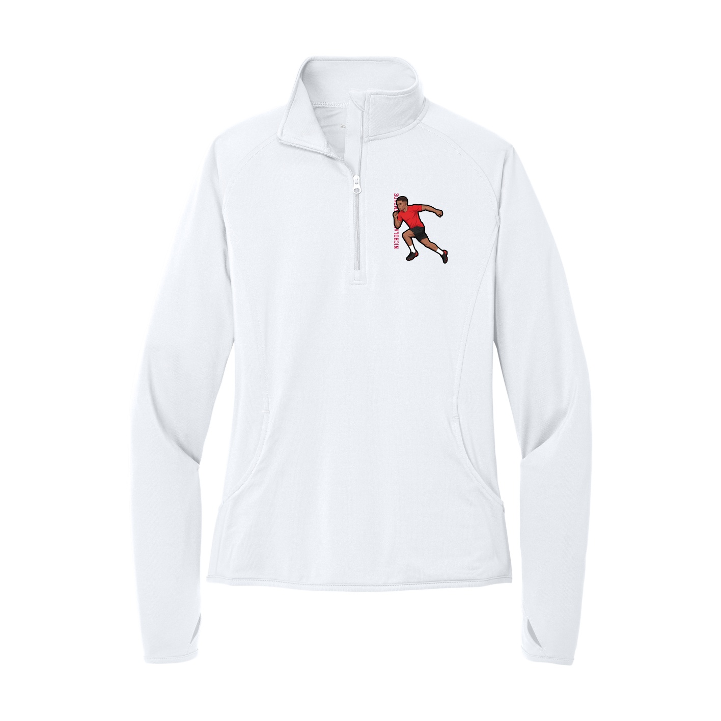Women's Q-Zip Pullover — Name Vertical in White