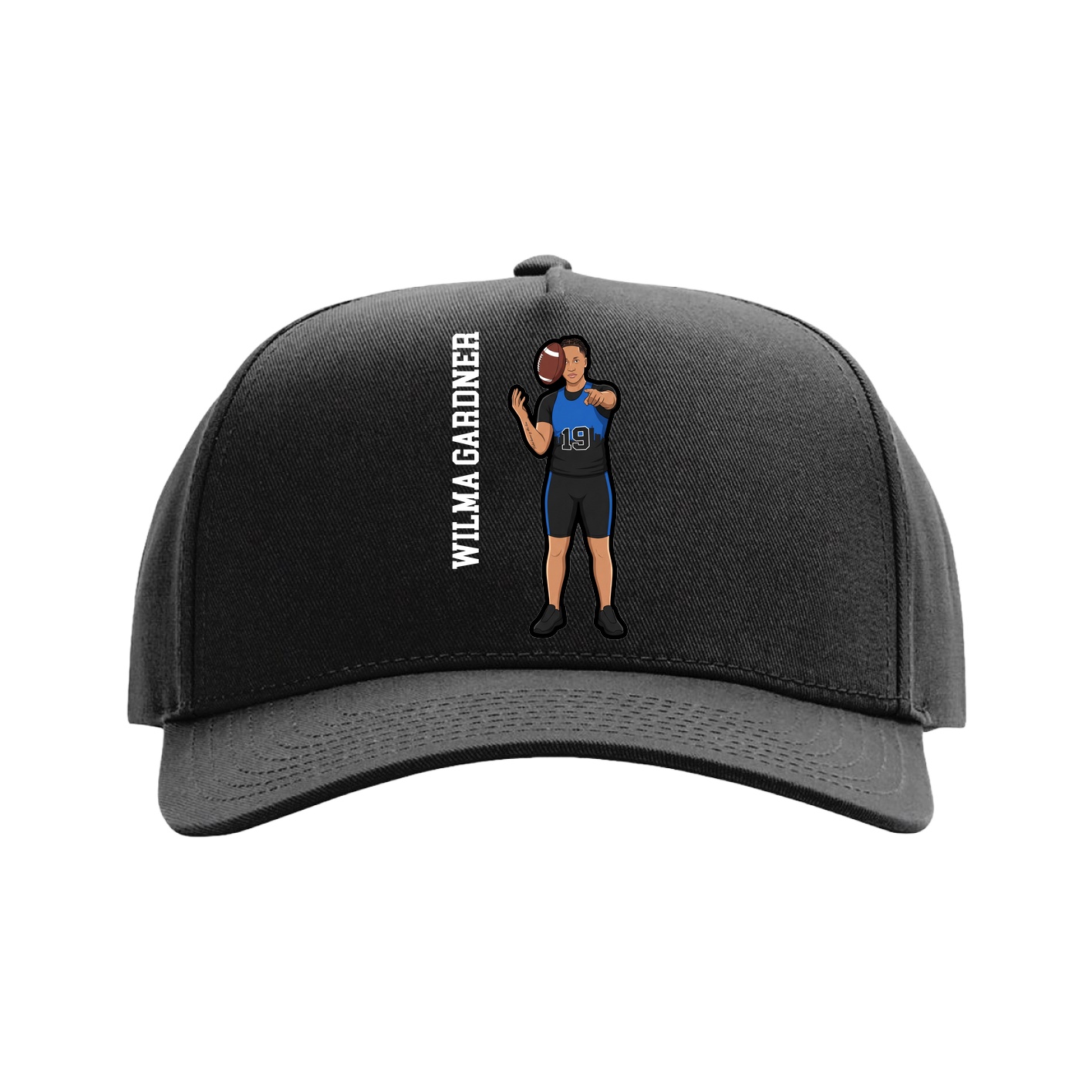 Full Fabric Five-Panel Champ Cap — Name Vertical in Black
