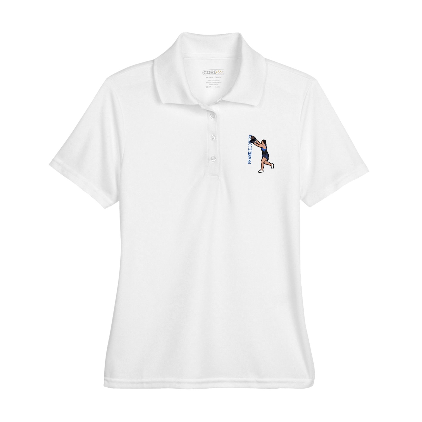 Womens Performance Polo — Name Vertical in White