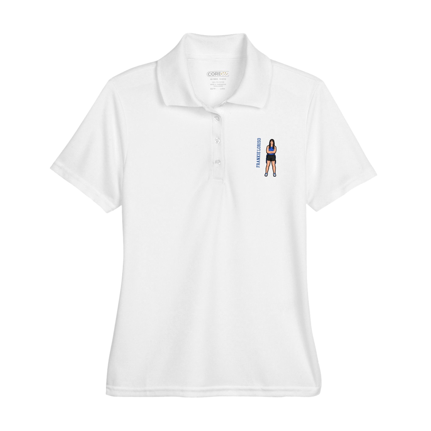 Womens Performance Polo — Name Vertical in White