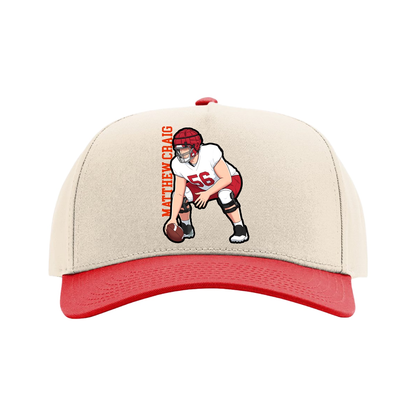 Full Fabric Five-Panel Champ Cap — Name Vertical in Cream/Red