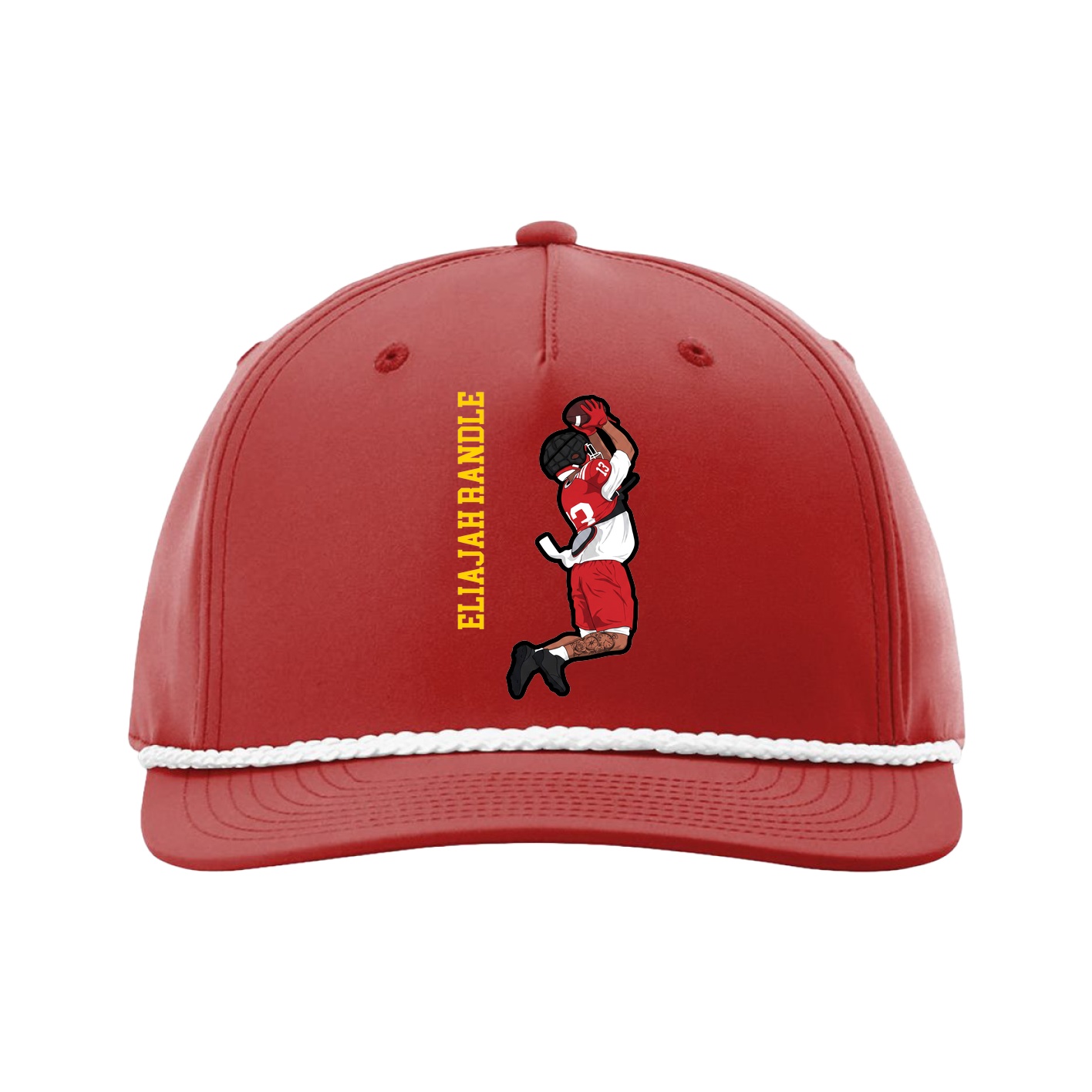 Five-Panel Classic Rope Cap — Name Vertical in Red