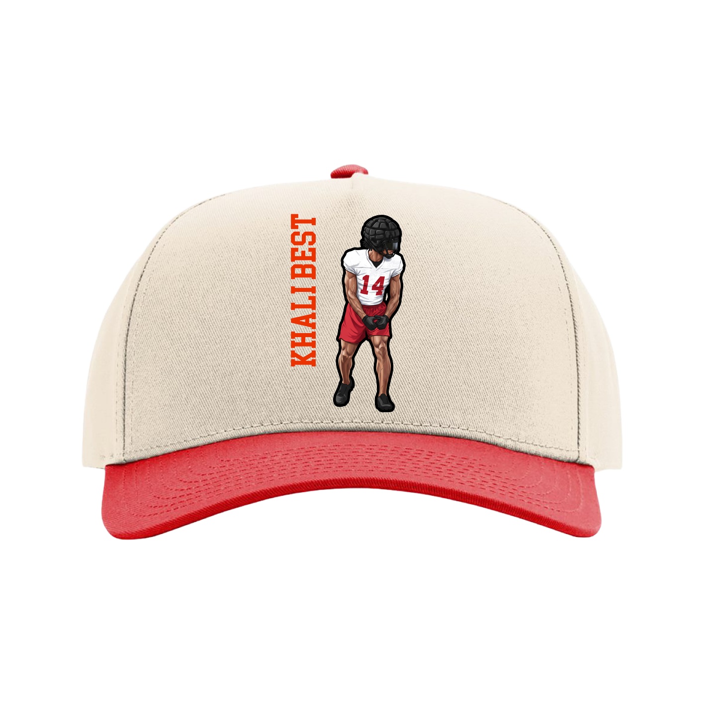 Full Fabric Five-Panel Champ Cap — Name Vertical in Cream/Red