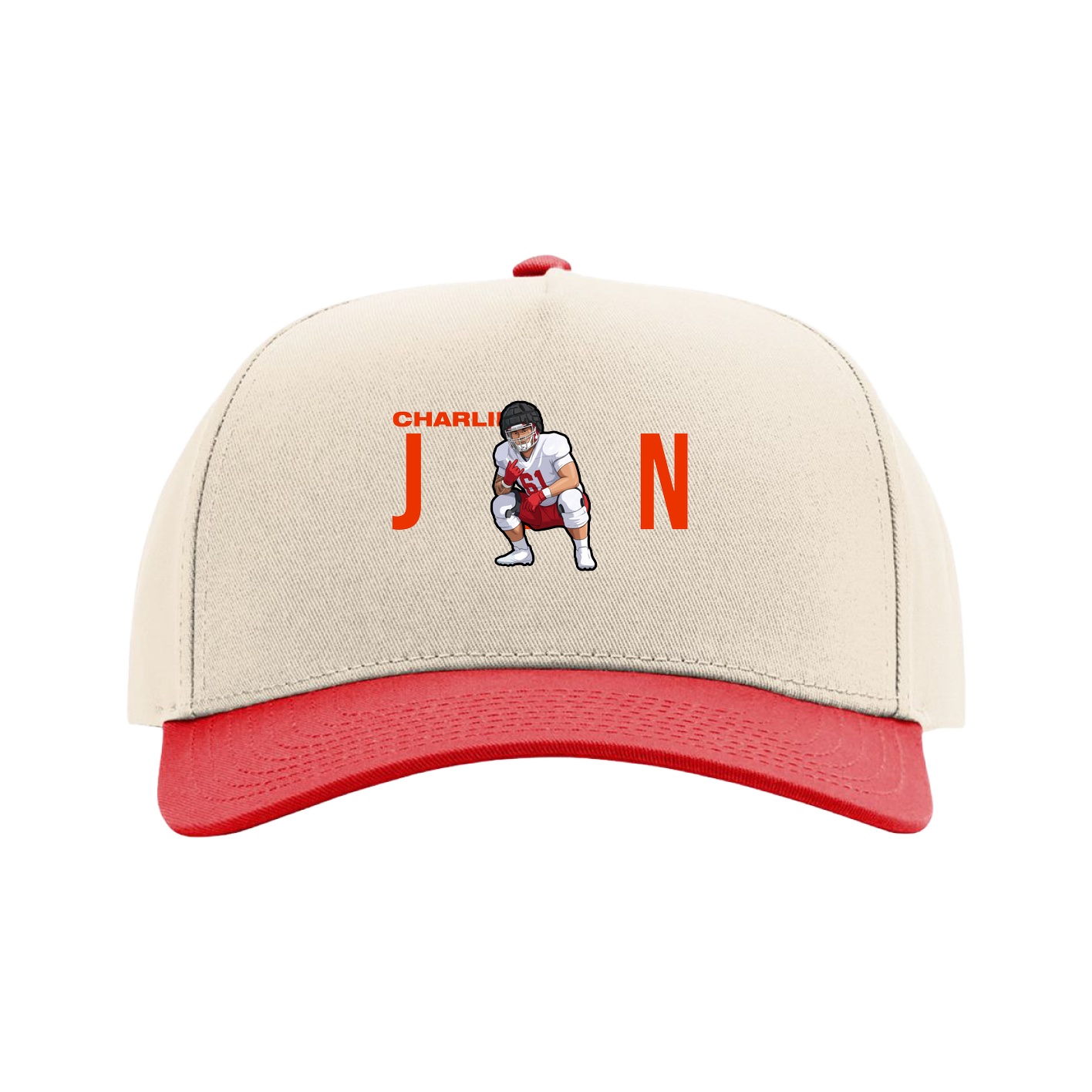 Full Fabric Five-Panel Champ Cap — Player Name in Cream/Red