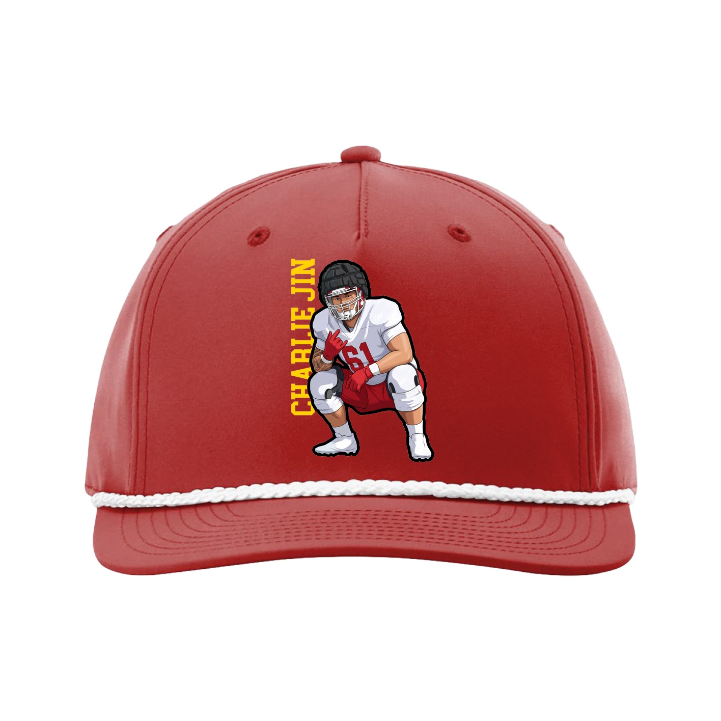 Five-Panel Classic Rope Cap — Name Vertical in Red