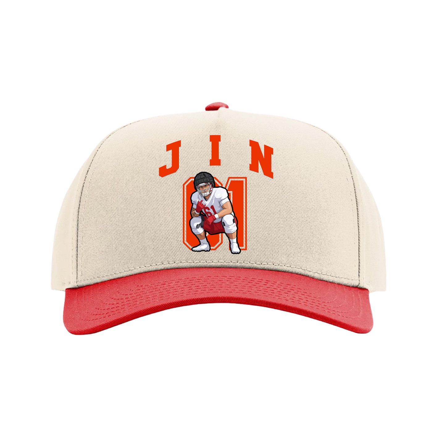 Full Fabric Five-Panel Champ Cap — Number in Cream/Red