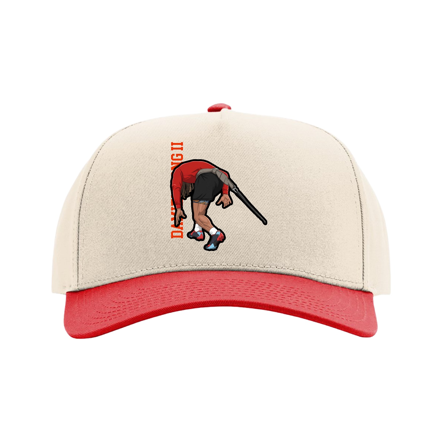 Full Fabric Five-Panel Champ Cap — Name Vertical in Cream/Red