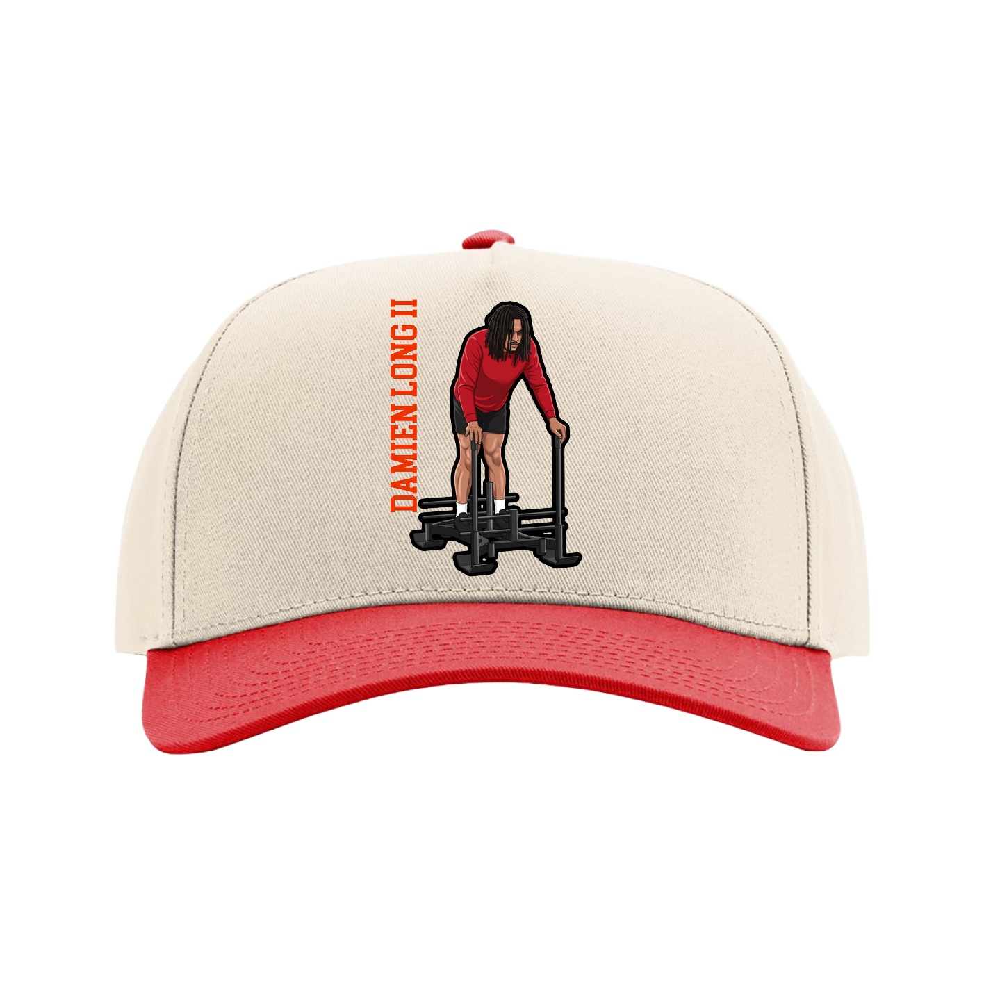 Full Fabric Five-Panel Champ Cap — Name Vertical in Cream/Red