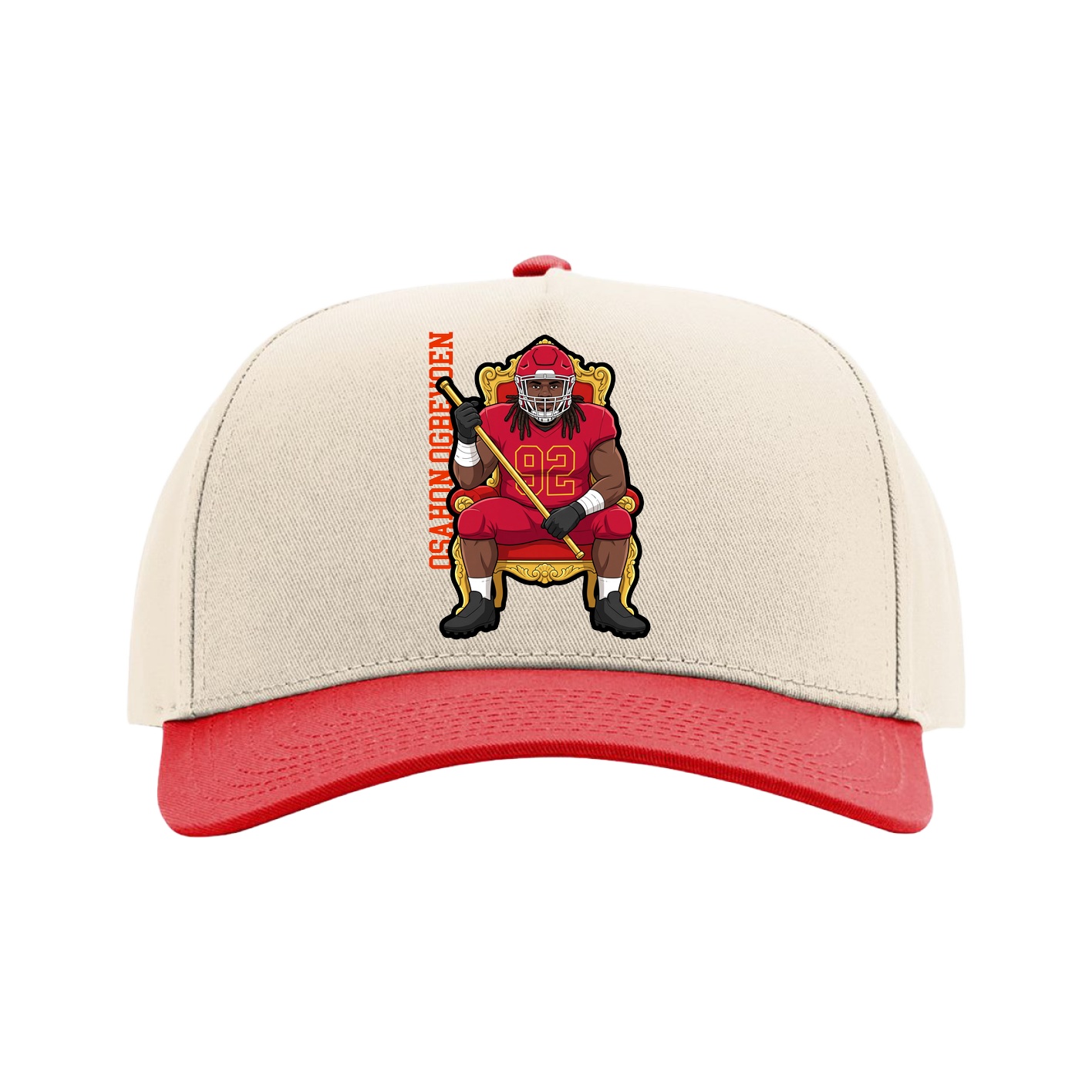 Full Fabric Five-Panel Champ Cap — Name Vertical in Cream/Red