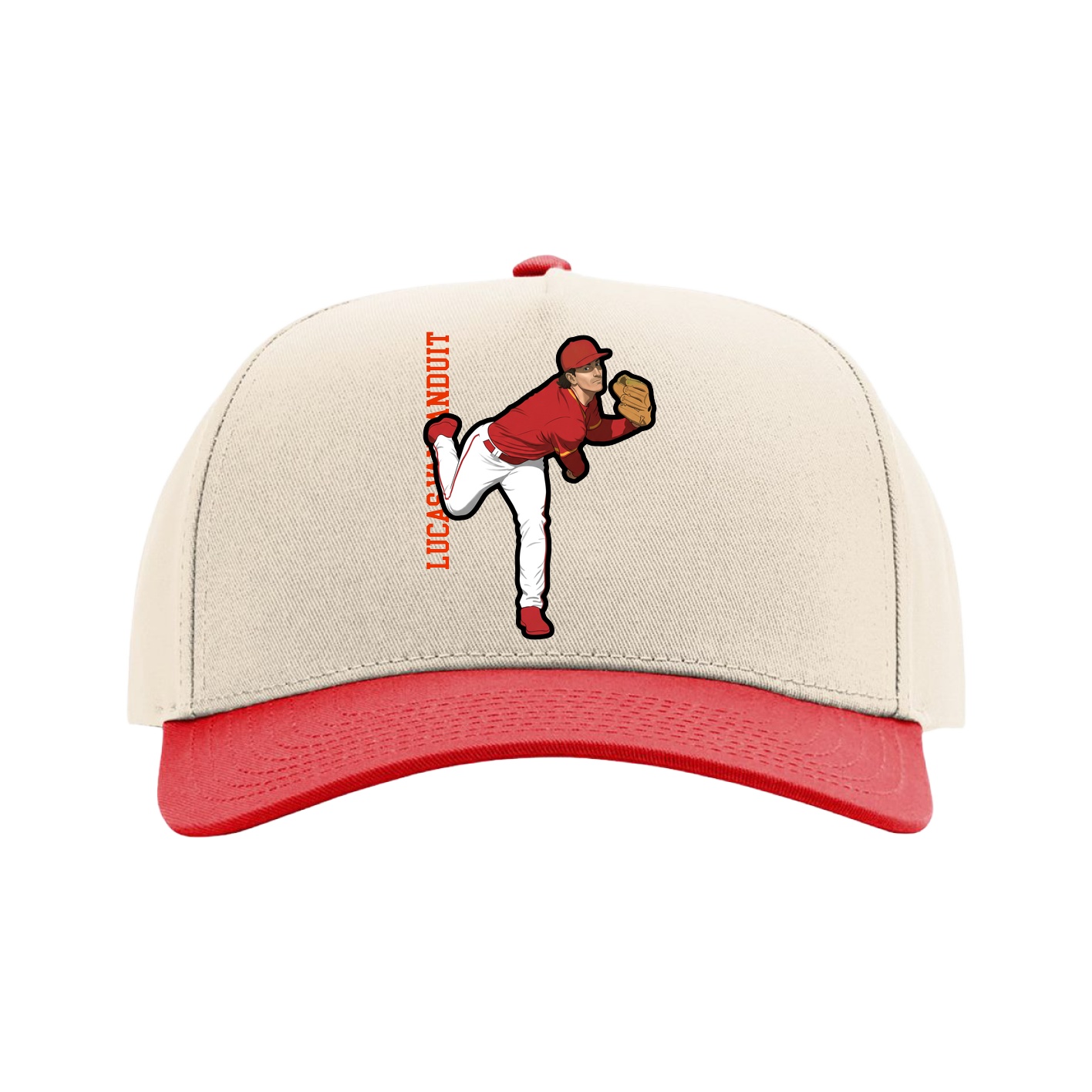 Full Fabric Five-Panel Champ Cap — Name Vertical in Cream/Red