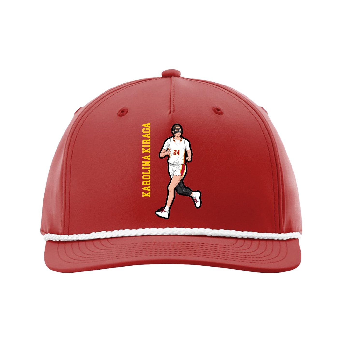 Five-Panel Classic Rope Cap — Name Vertical in Red