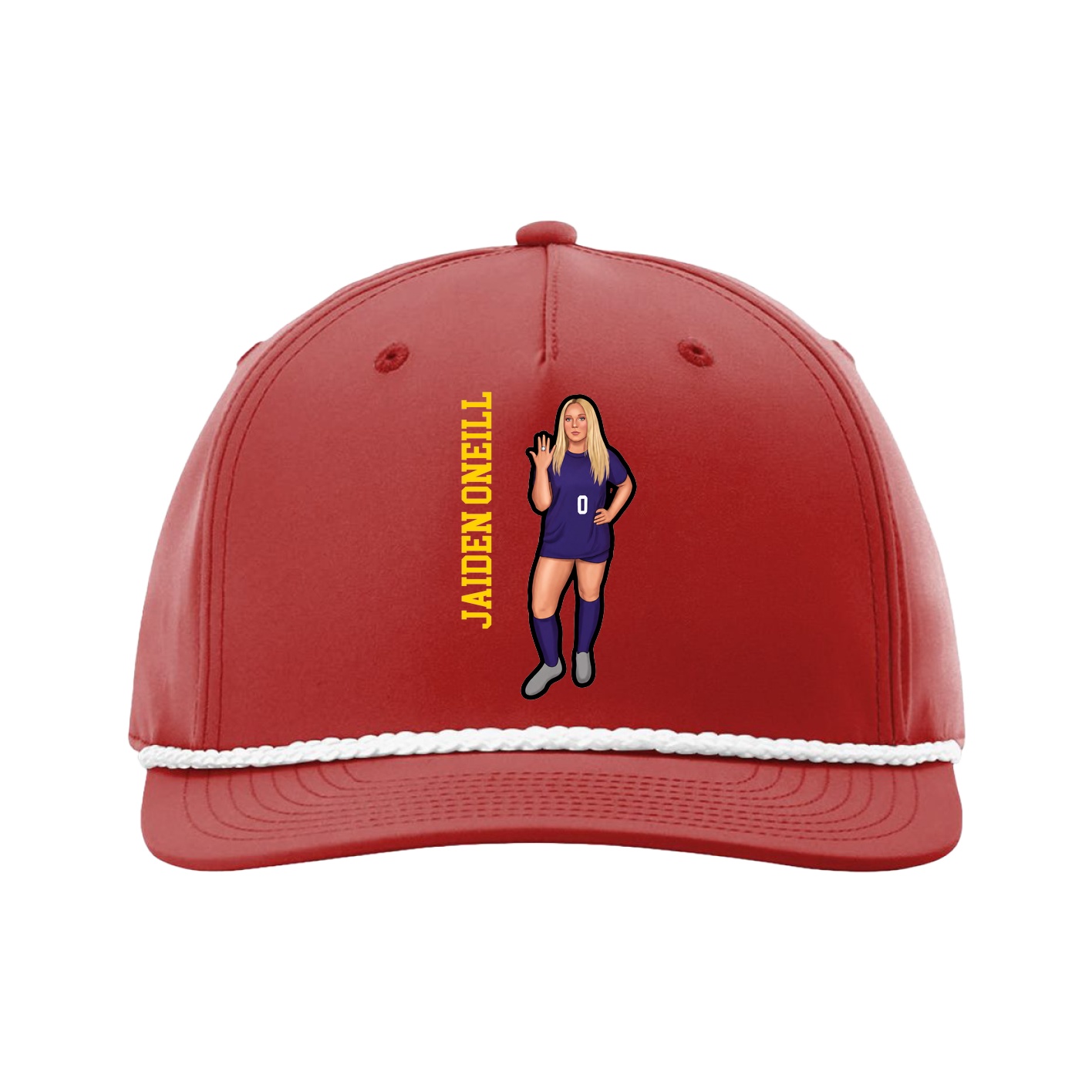 Five-Panel Classic Rope Cap — Name Vertical in Red
