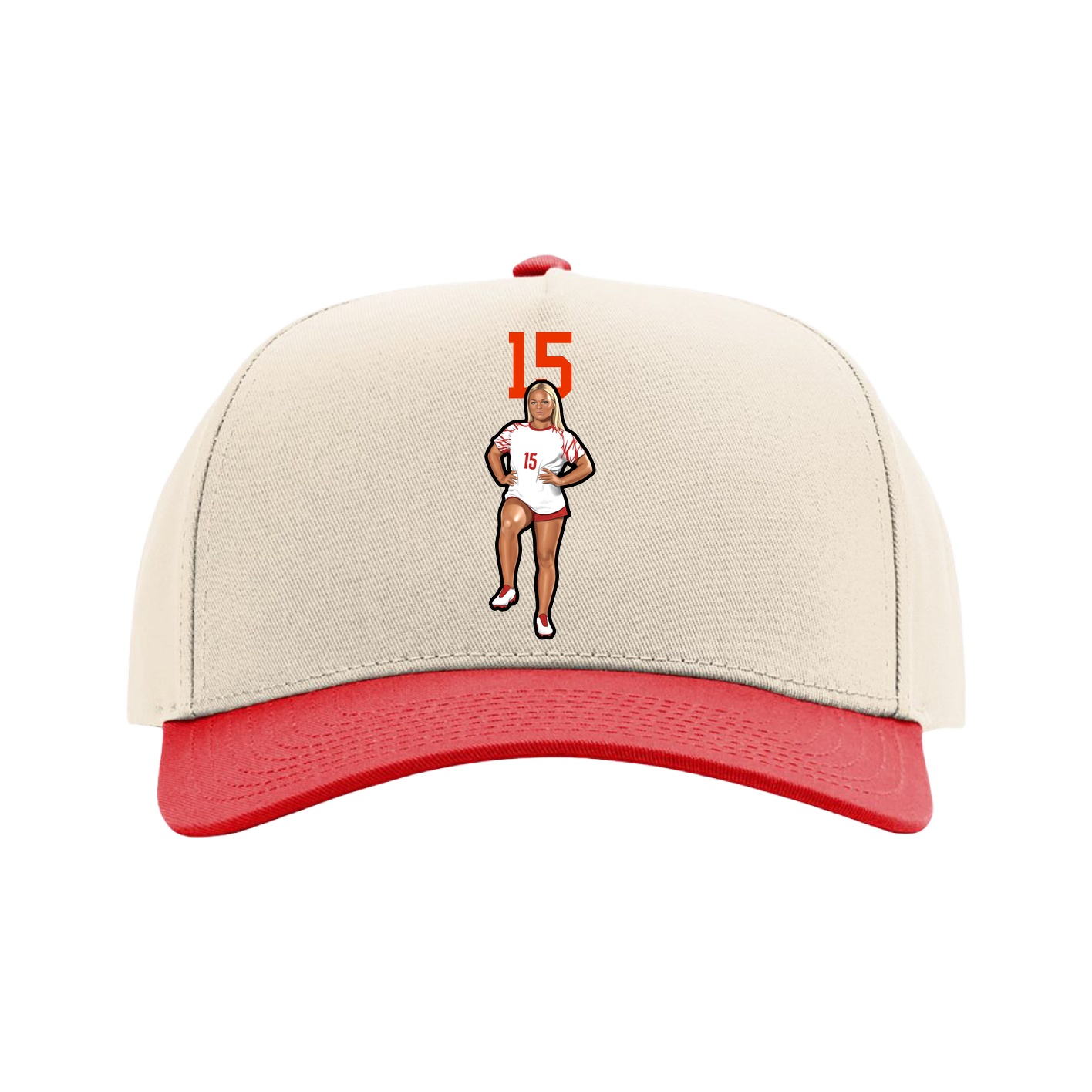 Full Fabric Five-Panel Champ Cap — Number Top in Cream/Red