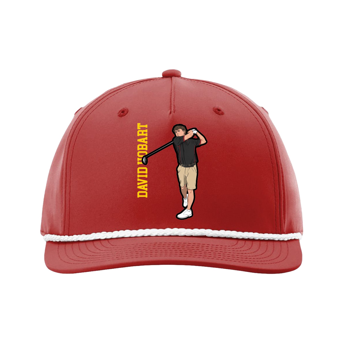 Five-Panel Classic Rope Cap — Name Vertical in Red