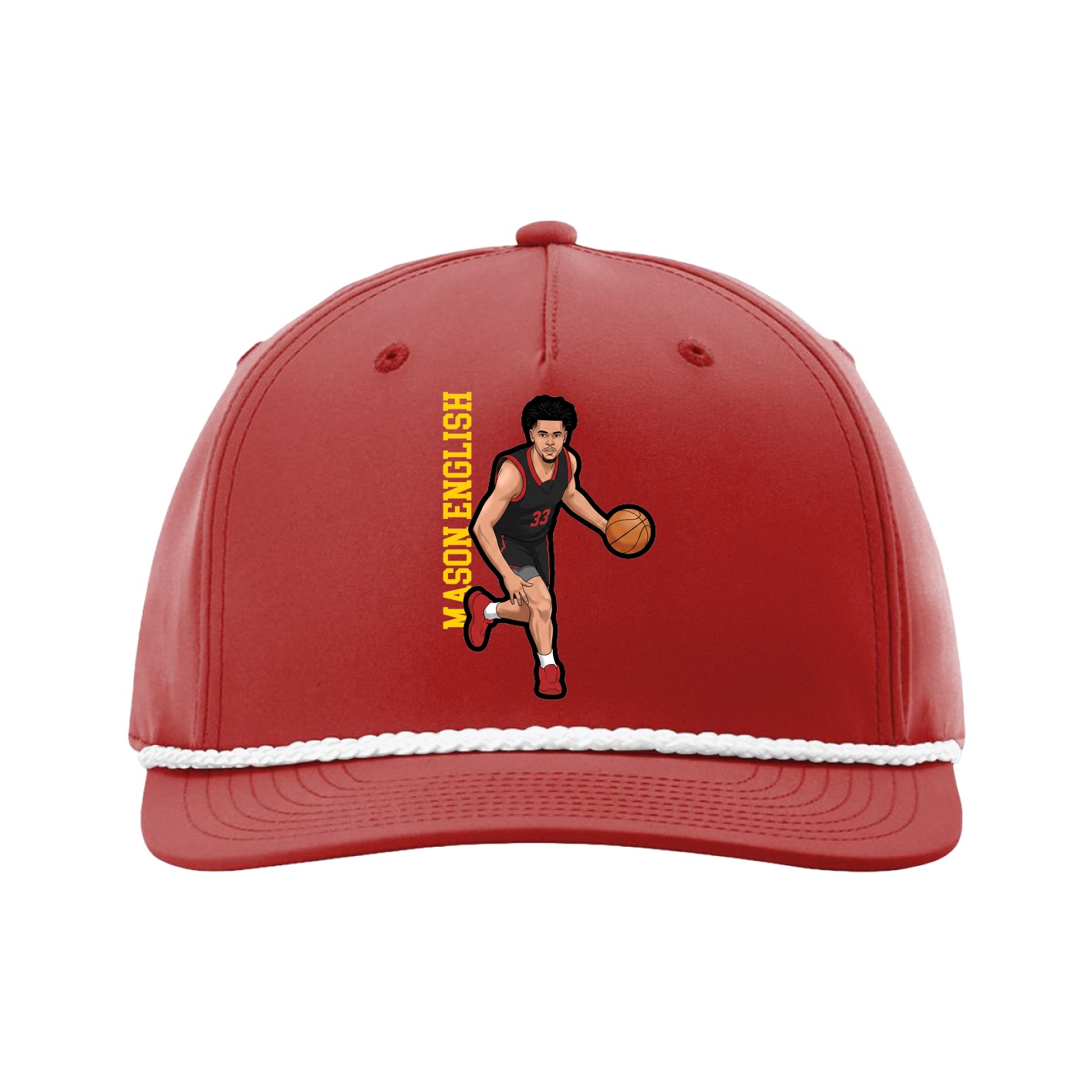 Five-Panel Classic Rope Cap — Name Vertical in Red