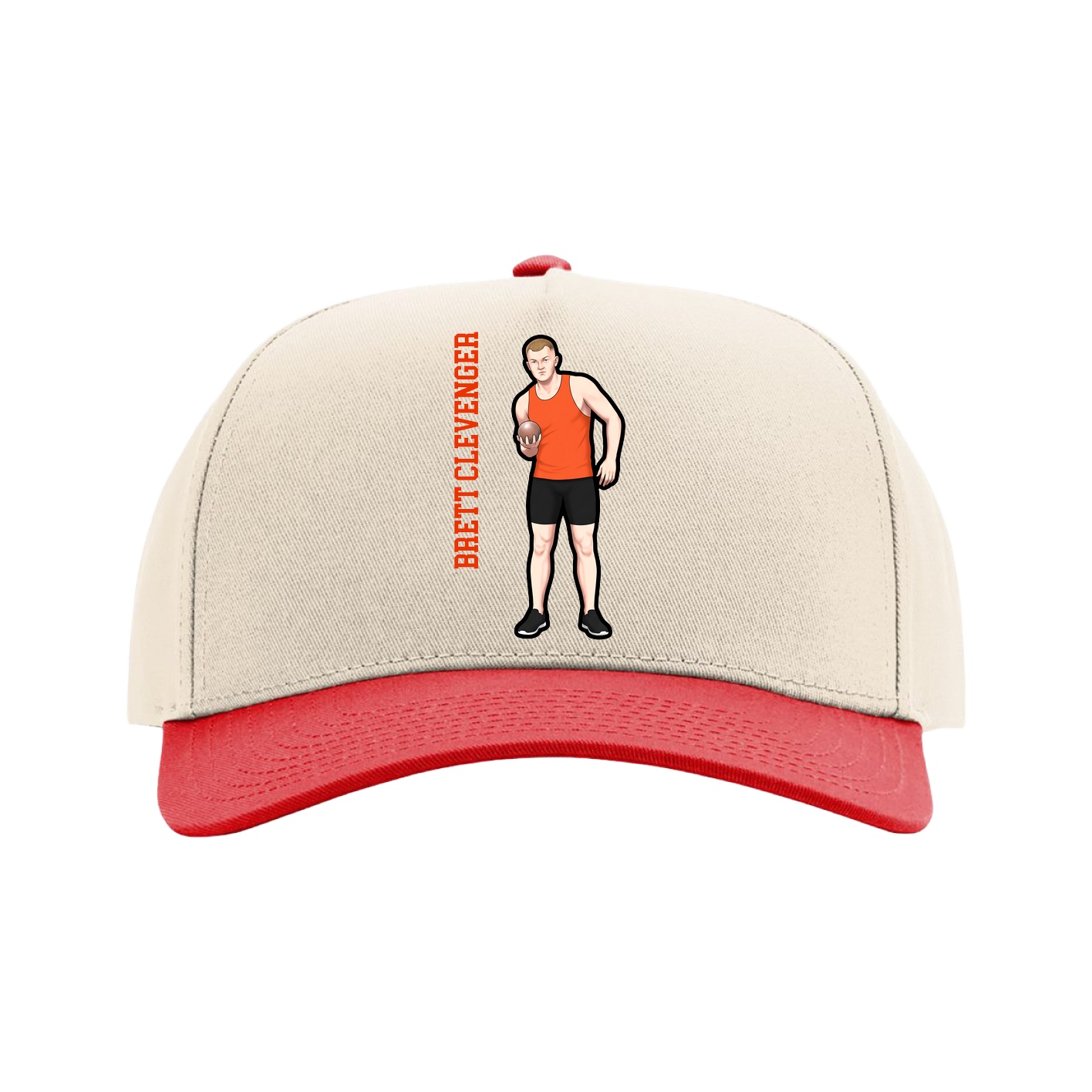 Full Fabric Five-Panel Champ Cap — Name Vertical in Cream/Red