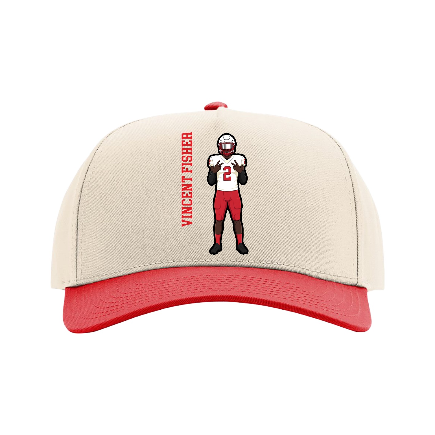Full Fabric Five-Panel Champ Cap — Name Vertical in Cream/Red