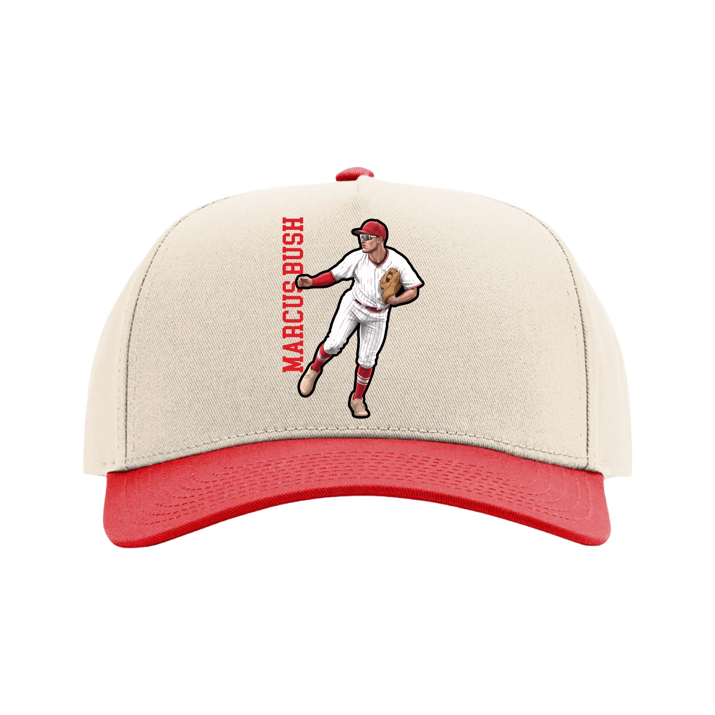 Full Fabric Five-Panel Champ Cap — Name Vertical in Cream/Red