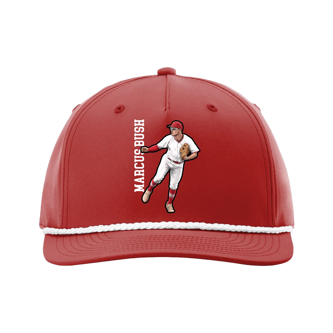 Five-Panel Classic Rope Cap — Name Vertical in Red