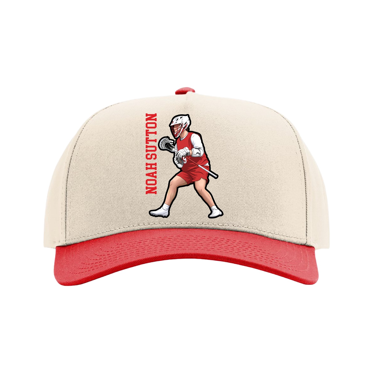 Full Fabric Five-Panel Champ Cap — Name Vertical in Cream/Red