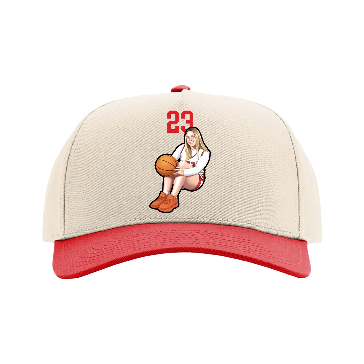 Full Fabric Five-Panel Champ Cap — Number Top in Cream/Red